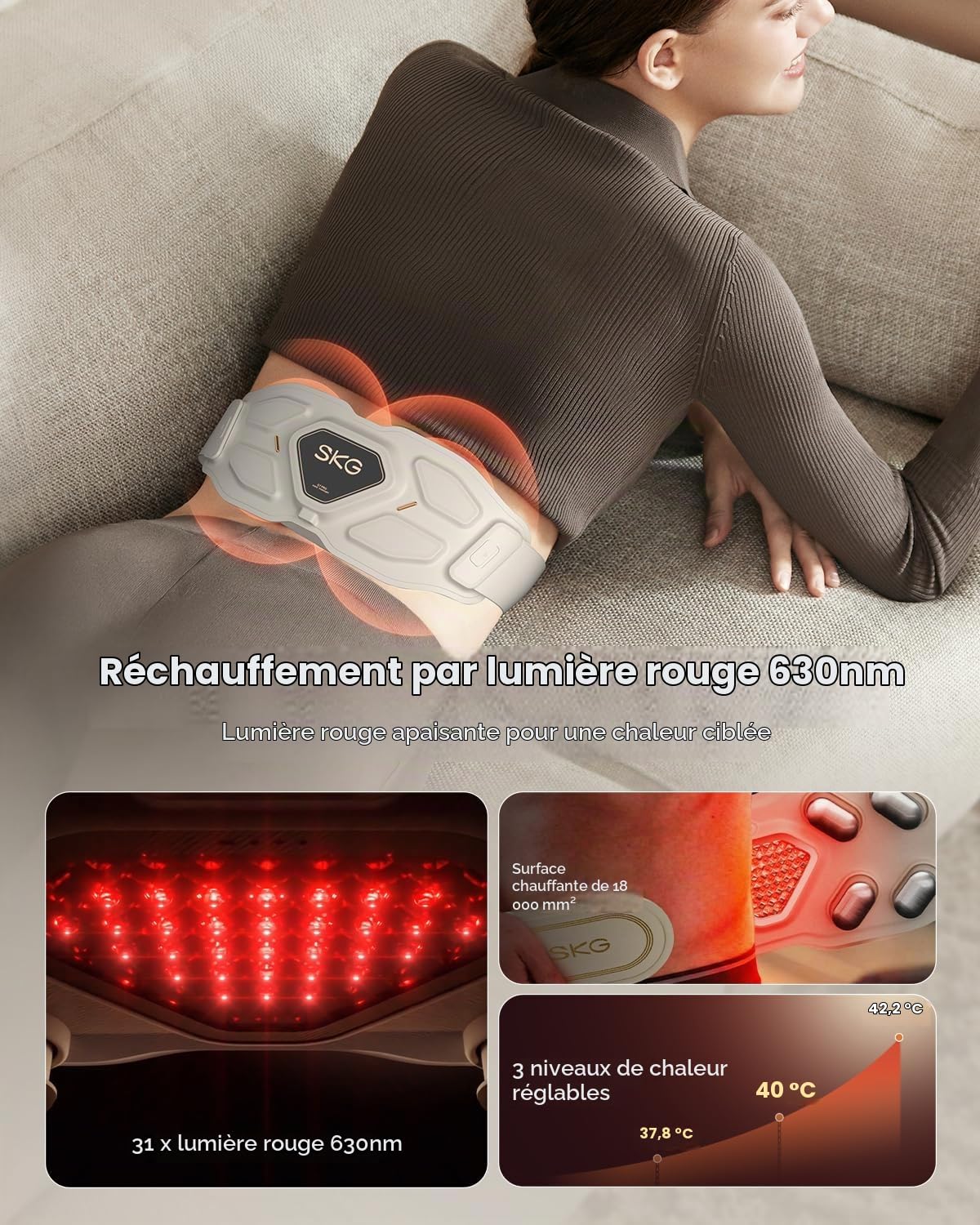 SKG W9 Pro Masseur de bas du dos pour soulager la douleur des tissus profonds - Cadeau pour homme et femme - Coussin chauffant sans fil réglable - Masseur de dos vibrant infrarouge - Maman grand-père