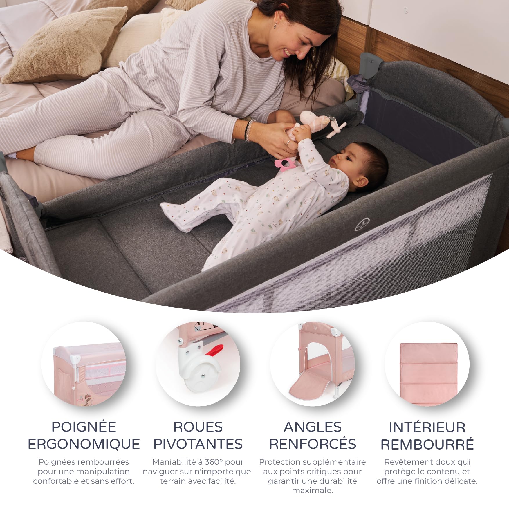 ms BabyWorld – Ennis – Berceau Cododo, Parc pour Bébé et Lit Parapluie 3 en 1 | Pliable | 2 Hauteurs | Bonne Circulation de l'Air | Entrée Latérale | Roues avec Frein | Sac de Voyage Inclus