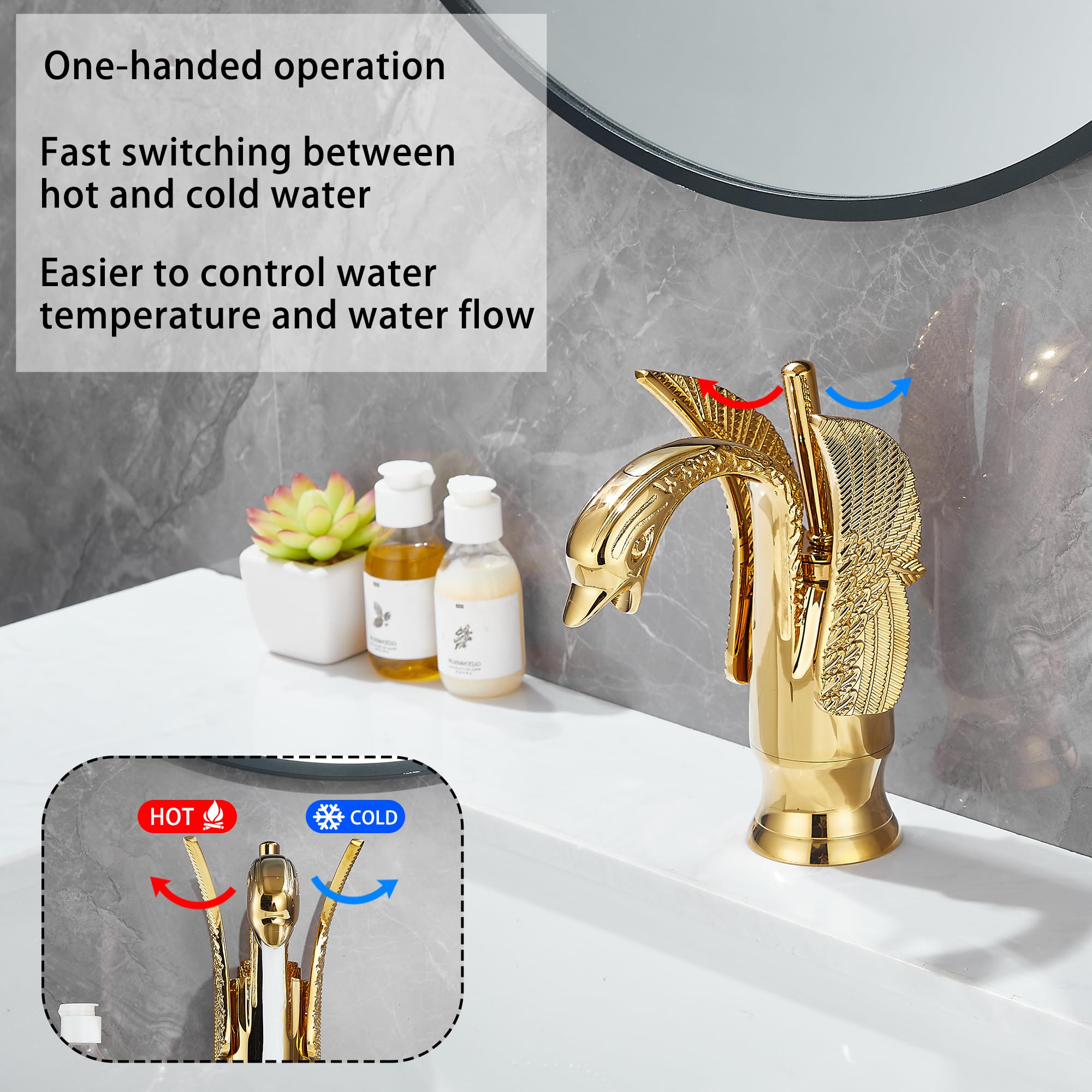 Grifo de baño dorado con forma de cisne GGStudy con un solo mango, un agujero, grifo de lavabo para lavabo