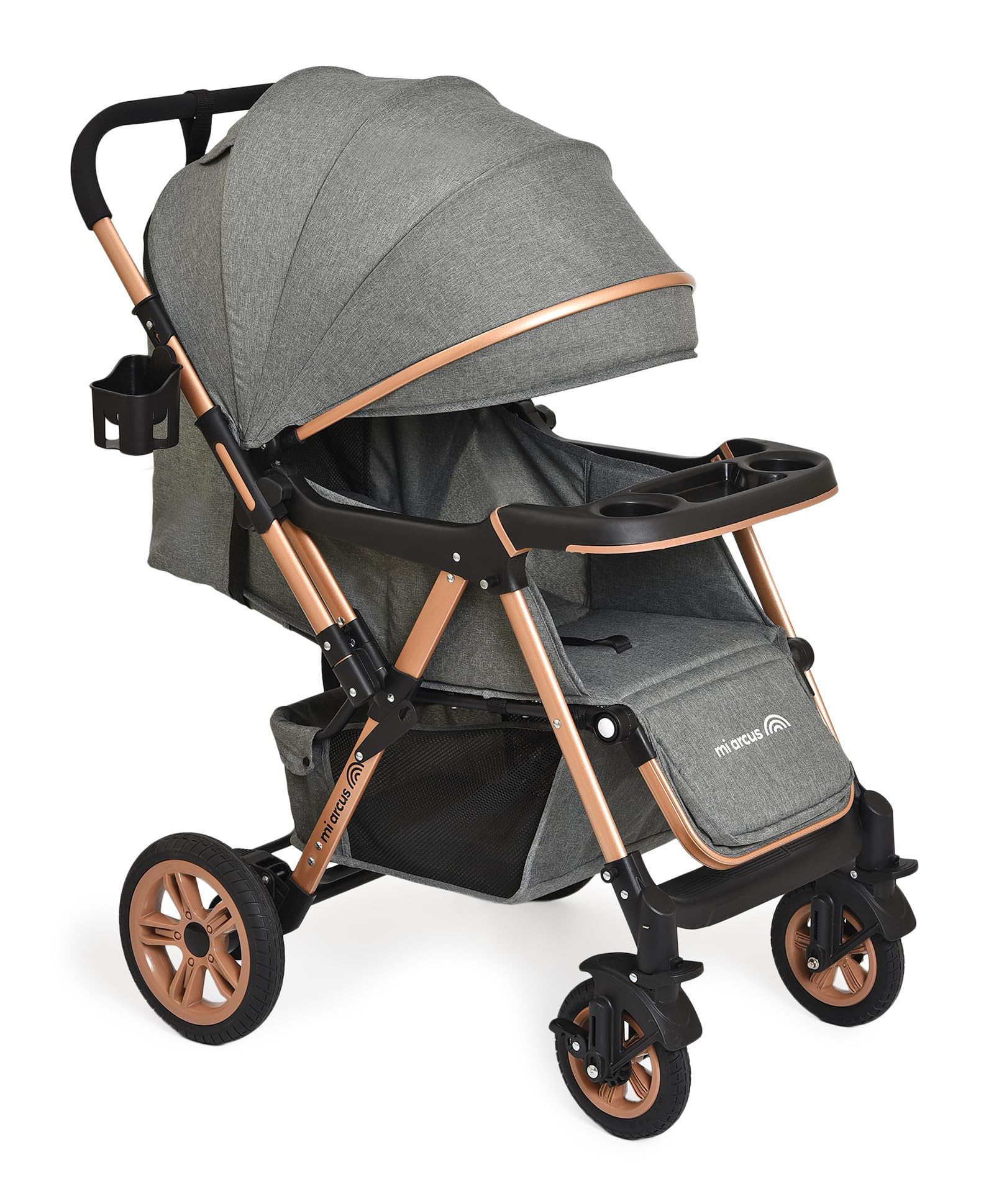 Mi Arcus Baby Stroller with Feeding Tray, Cup Holder & Large Storage Basket- Grey-image-33