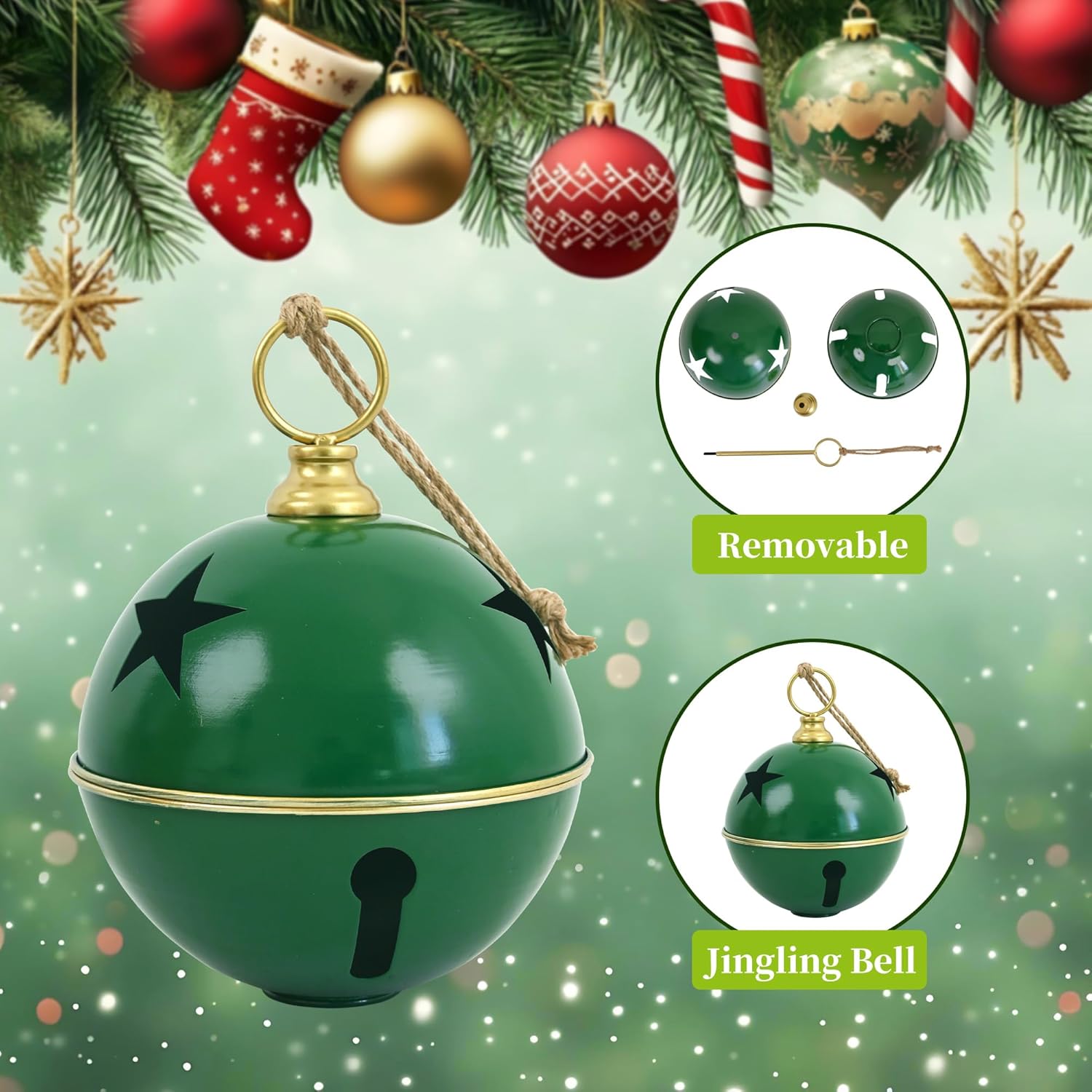 2pcs Large Christmas Bells for Decoration 8.3inch Rustic Vintage Christmas Decor Ball Christmas Tree Onaments Red Bells for Christmas Decorations (Green)