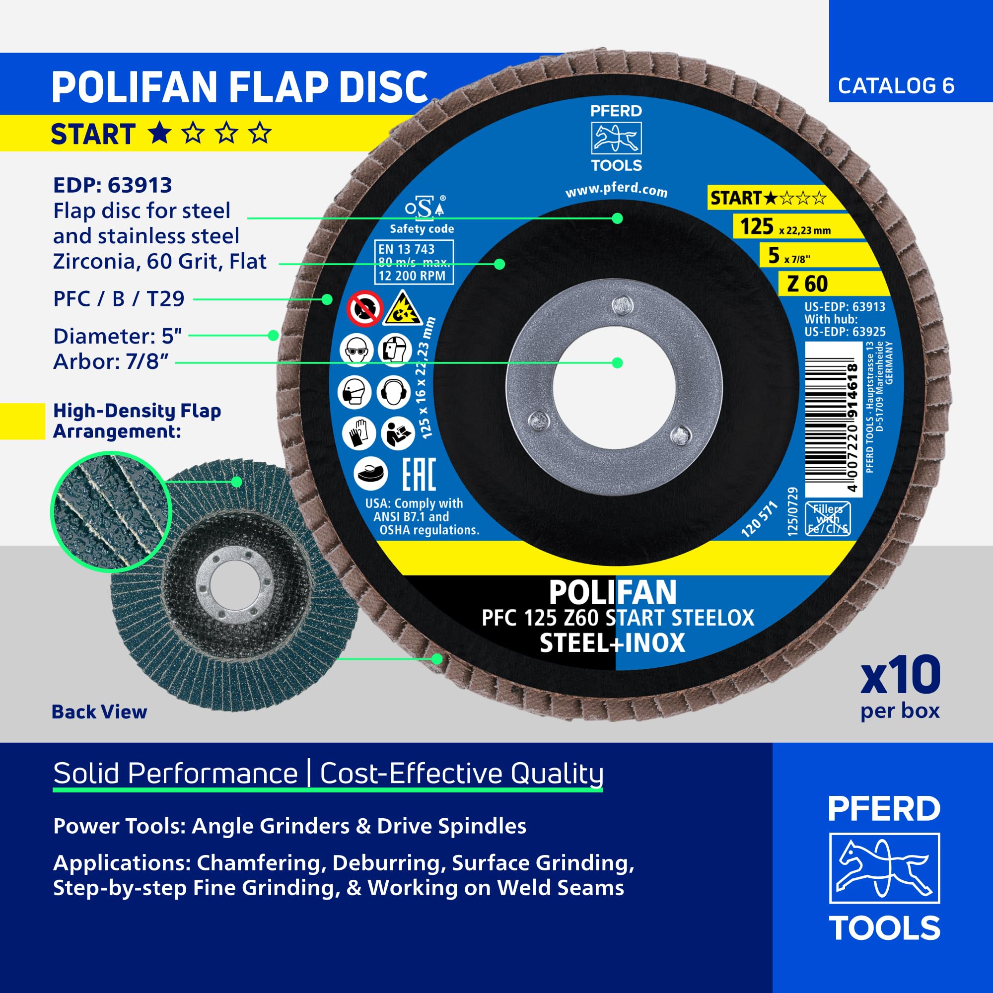 PFERD TOOLS POLIFAN Z BOX – 10 disques à lamelles 125 mm, Z60, alésage de 22,23 mm, 69300935 – rendement et durabilité élevés sur l’acier/l’acier inoxydable (INOX)
