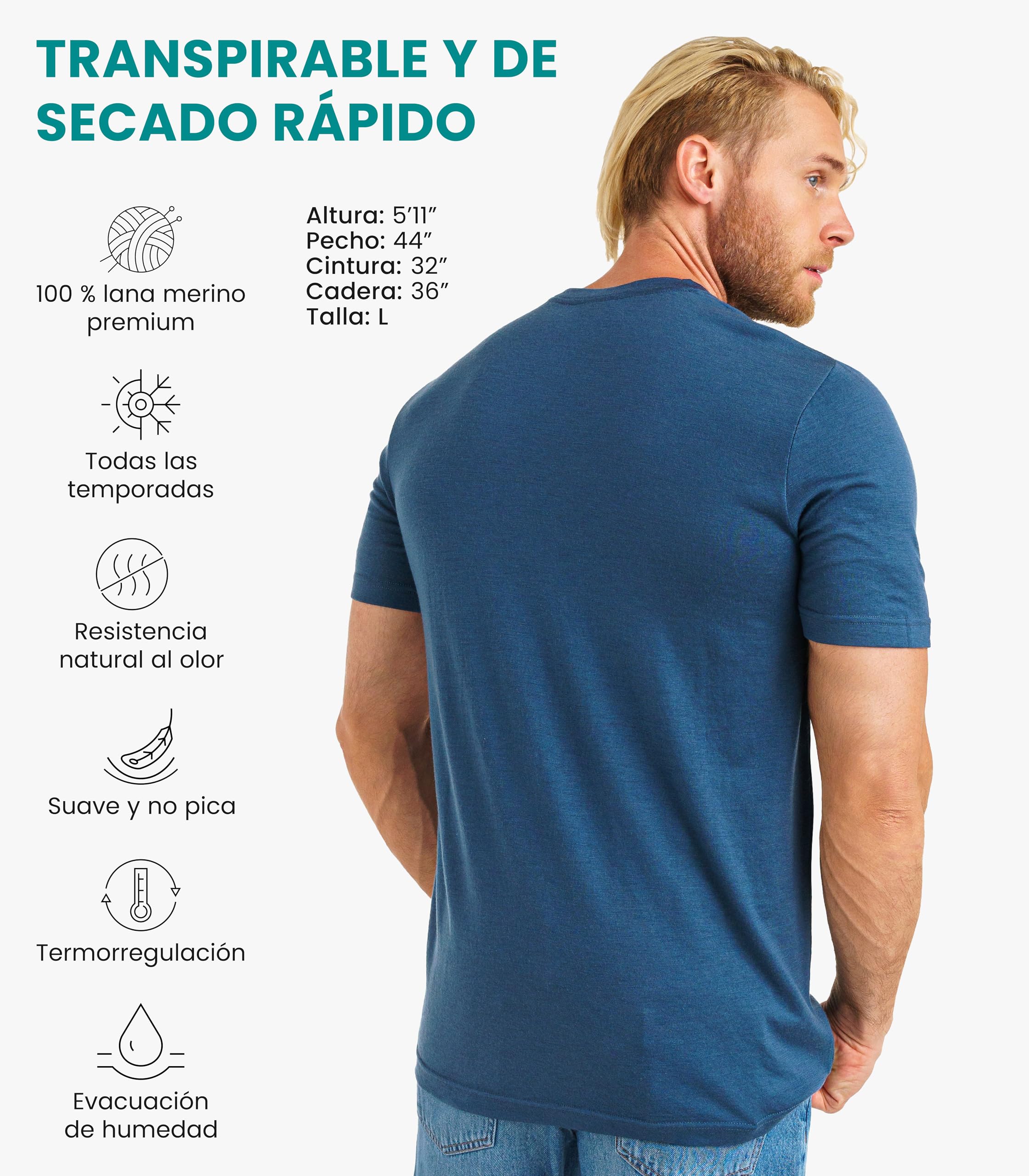Merino.tech Camiseta Lana Merino Hombre - Camiseta Interior Hombre 100% de Lana Merino con Calcetines (XX-Large, Denim)