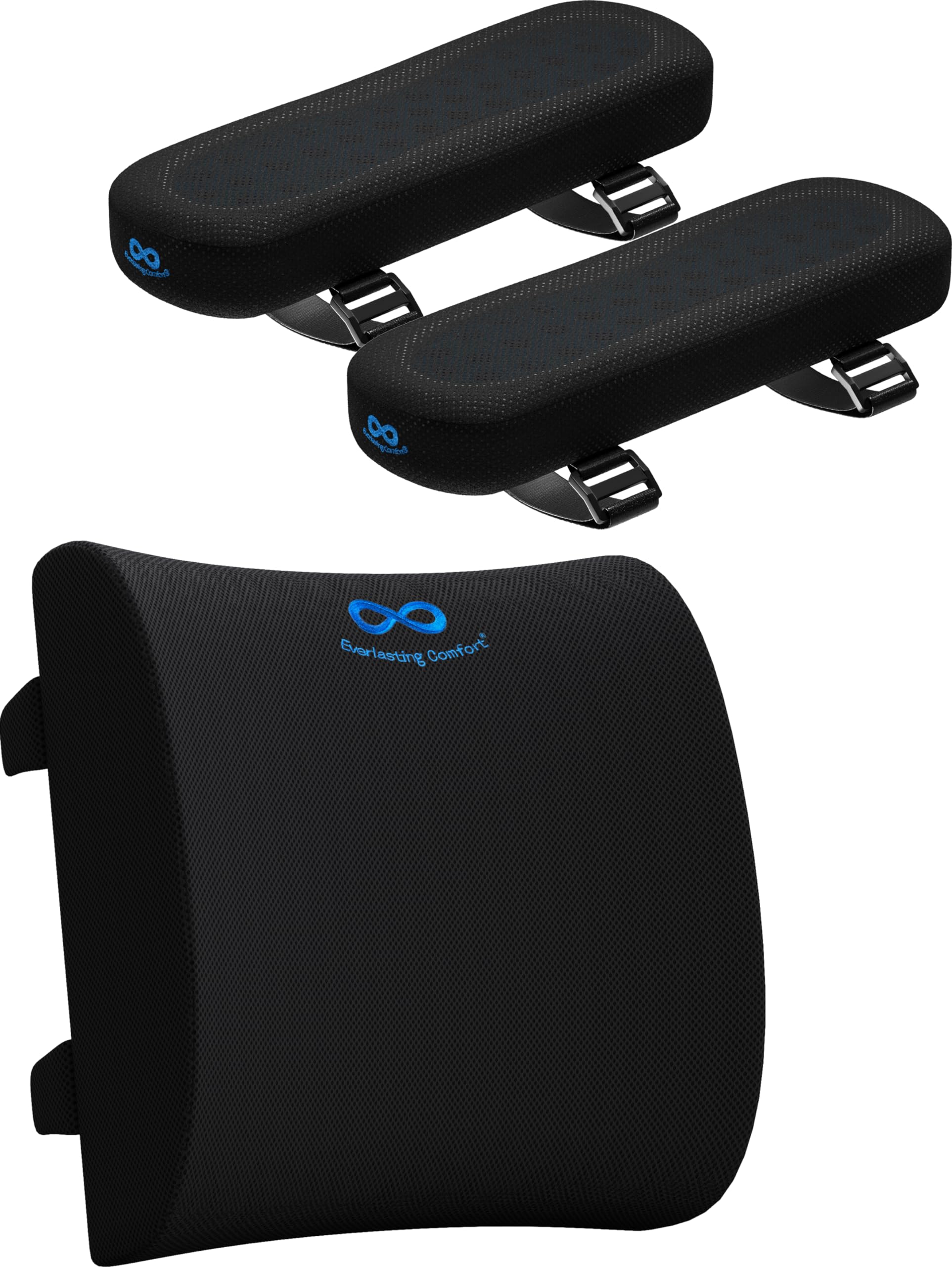 Everlasting ComfortLumbar Support Pillow & Arm Rest Pads Bundle - Office Chair Back Support for Gaming, Car, Couch - Office Chair Arm Covers w/Cooling Gel Top Layer for Elbow, Forearm Support