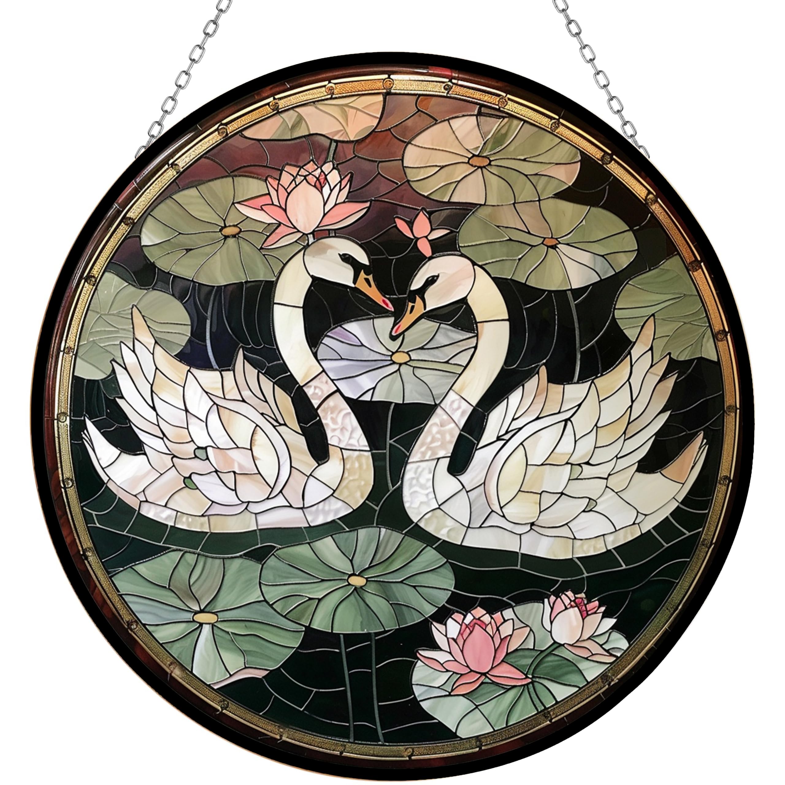 365CUSGIFTS Graceful Swan Stained Glass Suncatcher Four Season Theme Colorful Leaves Window Wall Hanging Ornament Hand-Painted Glass Panel Decor Gift for Women Christmas Thanksgiving Gift 6.3