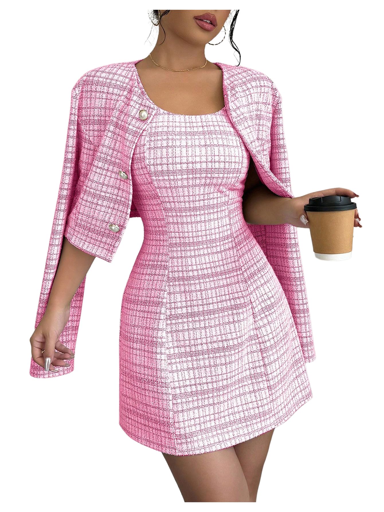 Women's 2 Piece Outfits Plaid Long Sleeve Button Down Cropped Jacket and Sleeveless Mini Dress Sets-image-40