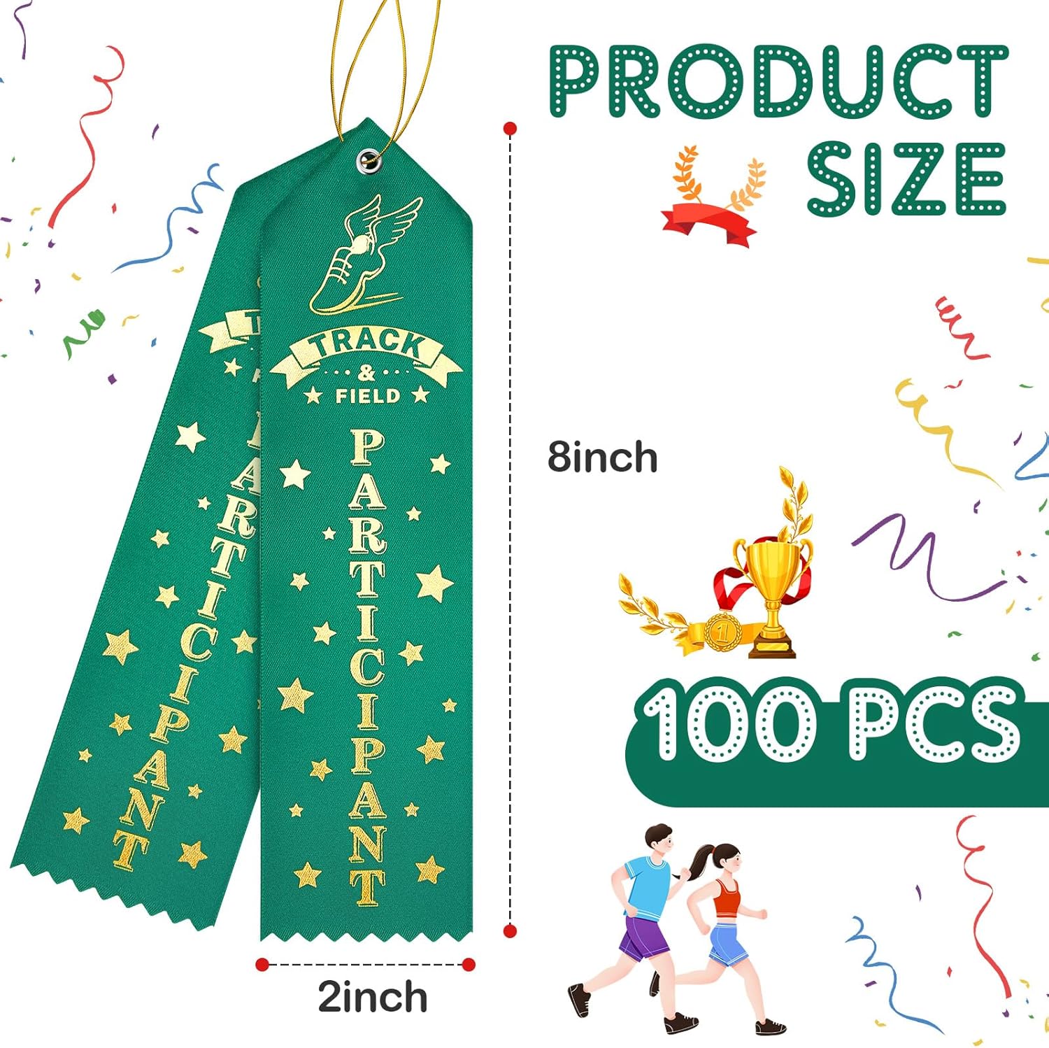 Zeyune 100 Pcs Track and Field Ribbon Participant Award Ribbon Green Participant Flat Carded Award Ribbons with Event Card Rope for Field Day Competition Sports School Contests Team Office Prizes