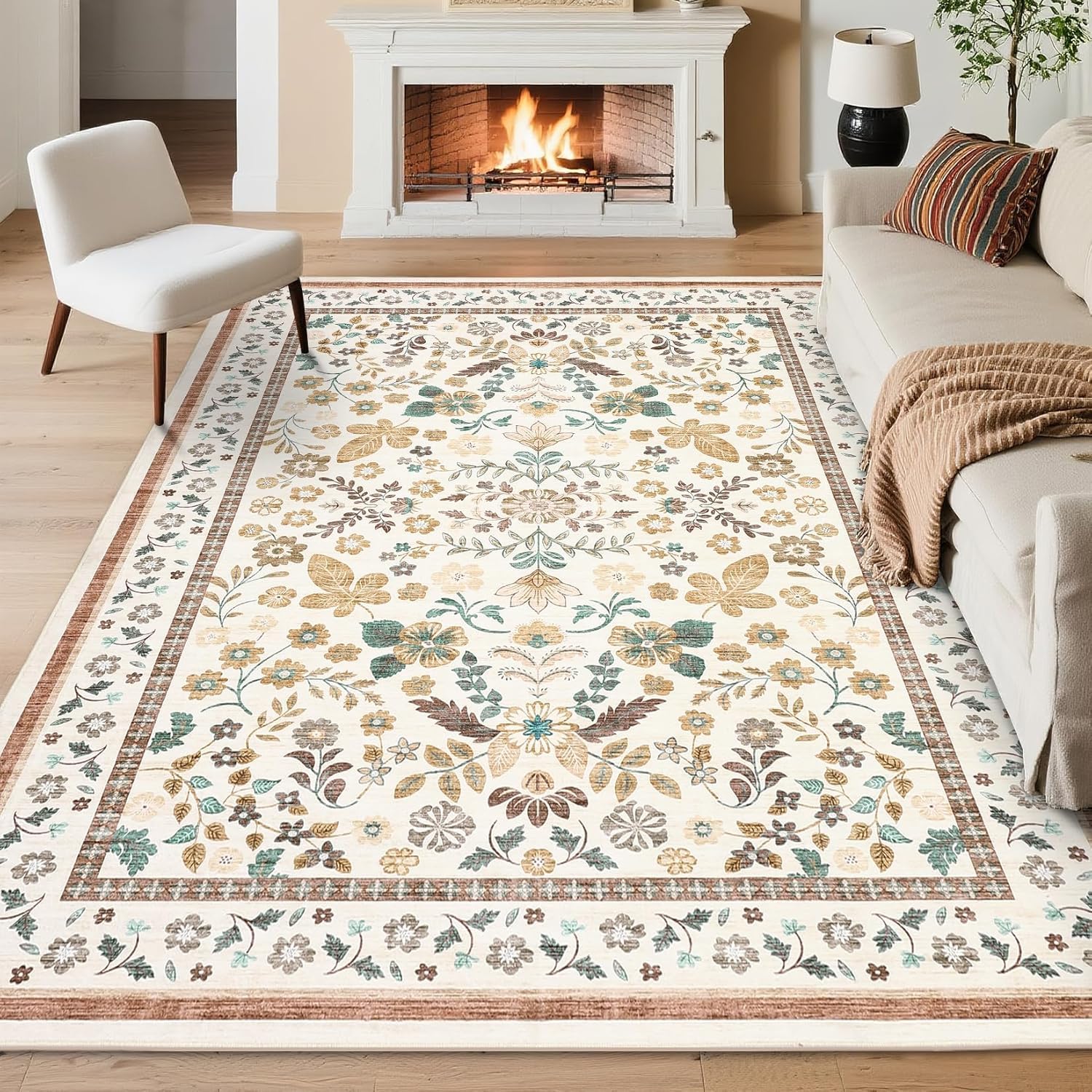Tappeto Decorazioni interni Grande Salotto Soggiorno, Lavabile,Personalizzato,Motivo floreale orientale nei toni del beige, verde, marrone e blu, 200 x 290 cm.