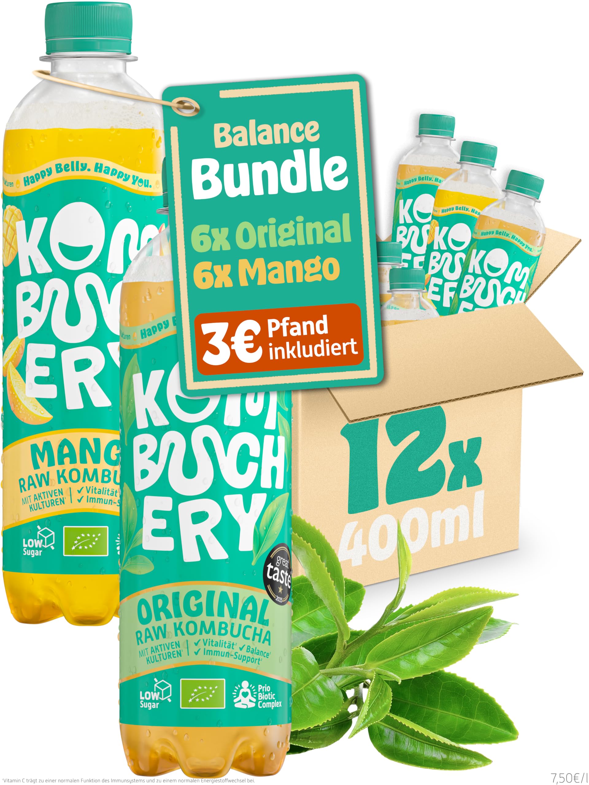 KOMBUCHERY® Balance Bundle | Raw Kombucha BIO | 12 x 400ml | Fermentierter Tee mit aktiven Darm-Kulturen | Zuckerarm & Kalorienarm | Unpasteurisiert, PrioBiotic, Vegan, Testsieger | inkl. 3€ PFAND