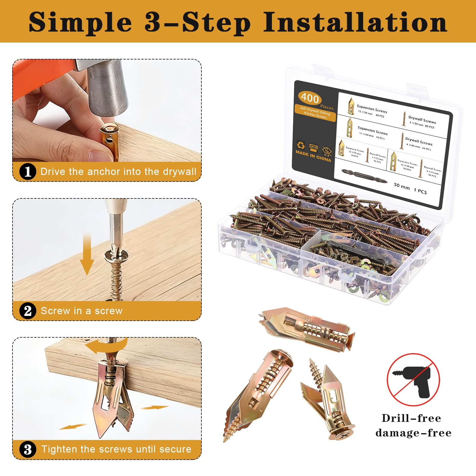Gueenky 400 Pièces Chevilles avec Vis pour Plaques de Plâtre, 30 mm 40 mm Cheville Beton Vis Cheville Placo Autoforeuses, Chevilles Expansion et Vis Fixations pour Murale en Plaques de Plâtre