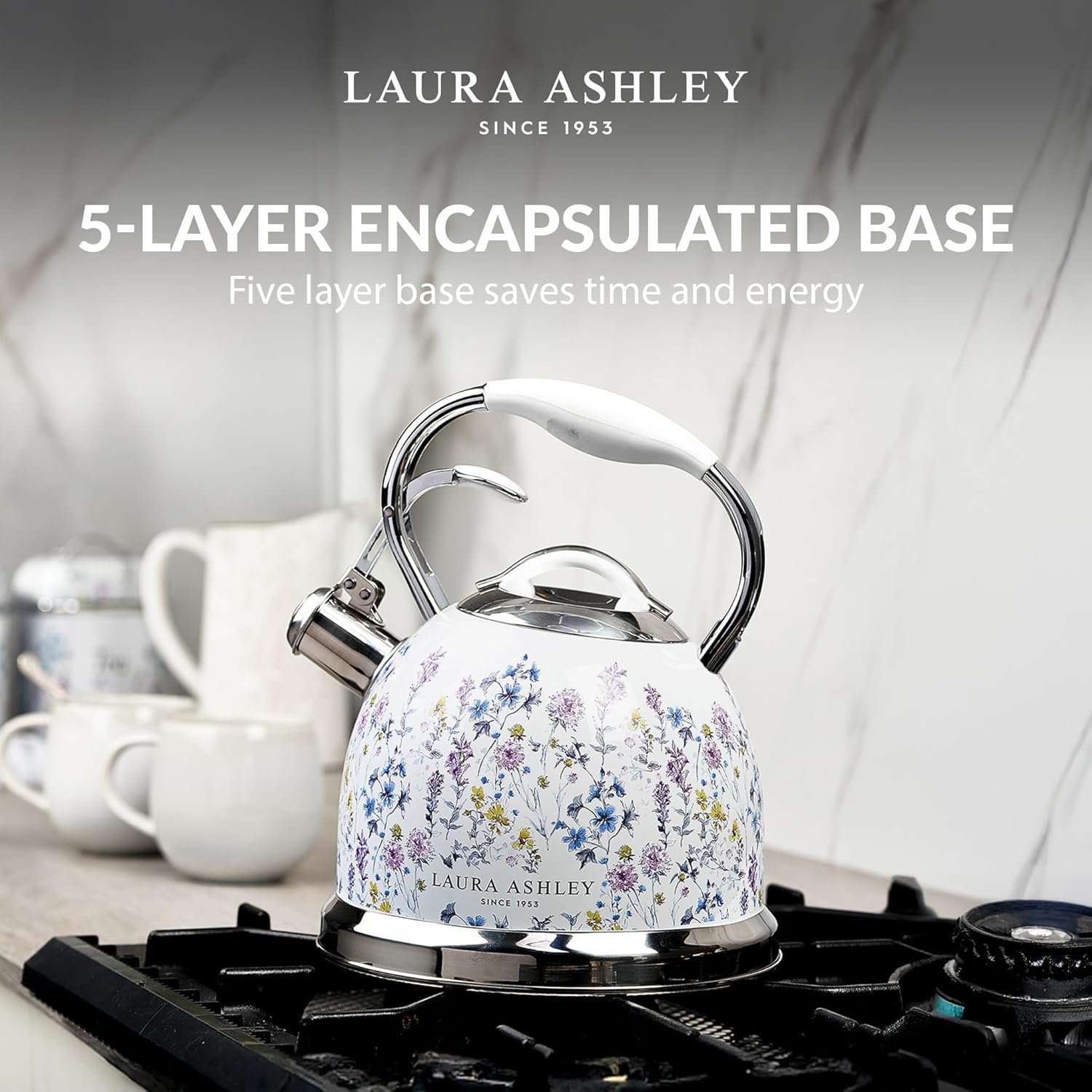 VQ Laura Ashley Wild Meadow 2.5L Stainless Steel Tea Kettle Stovetop Whistling Teapot for Induction, Gas Hob or others. Silicon Coated Cool Handle & Push Button Mechanism Vintage Stove Top Kettle