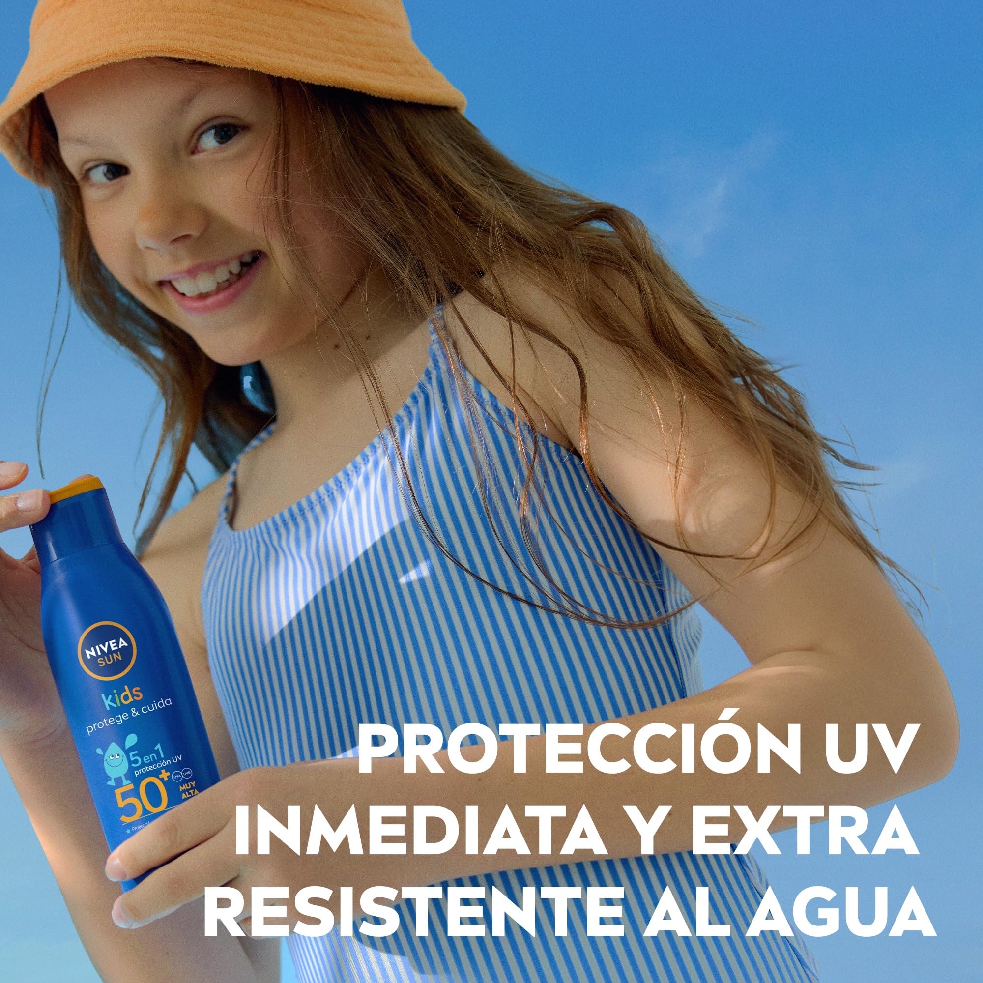 NIVEA SUN Kids Protege & Cuida 5 en 1 - Loción Solar con SPF50+ - Protector Solar Infantil Extra Resistente al Agua - Con Pantenol, Vitamina C y E - Aprobado por Pediatras - Todo Tipo de Piel - 200 ml