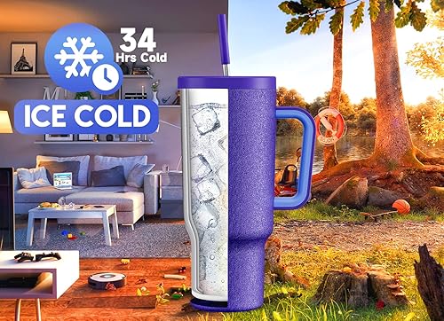 Miniatura 2 de Meoky - Vaso de 40 oz con asa, tapa a prueba de fugas y pajita, taza de café y viaje térmica de acero inoxidable, mantiene el frío durante 34 horas