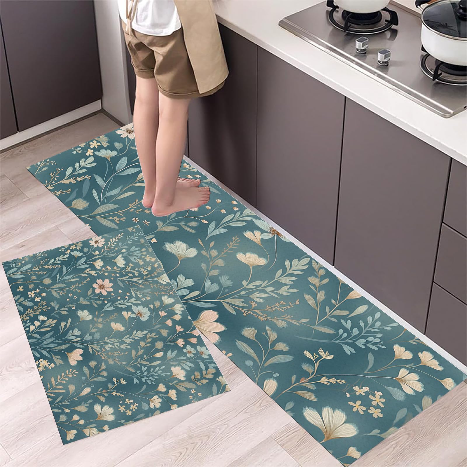 Juego de 2 alfombras de pasillo antideslizantes con diseño de flores silvestres de 45x75 y 45x150cm