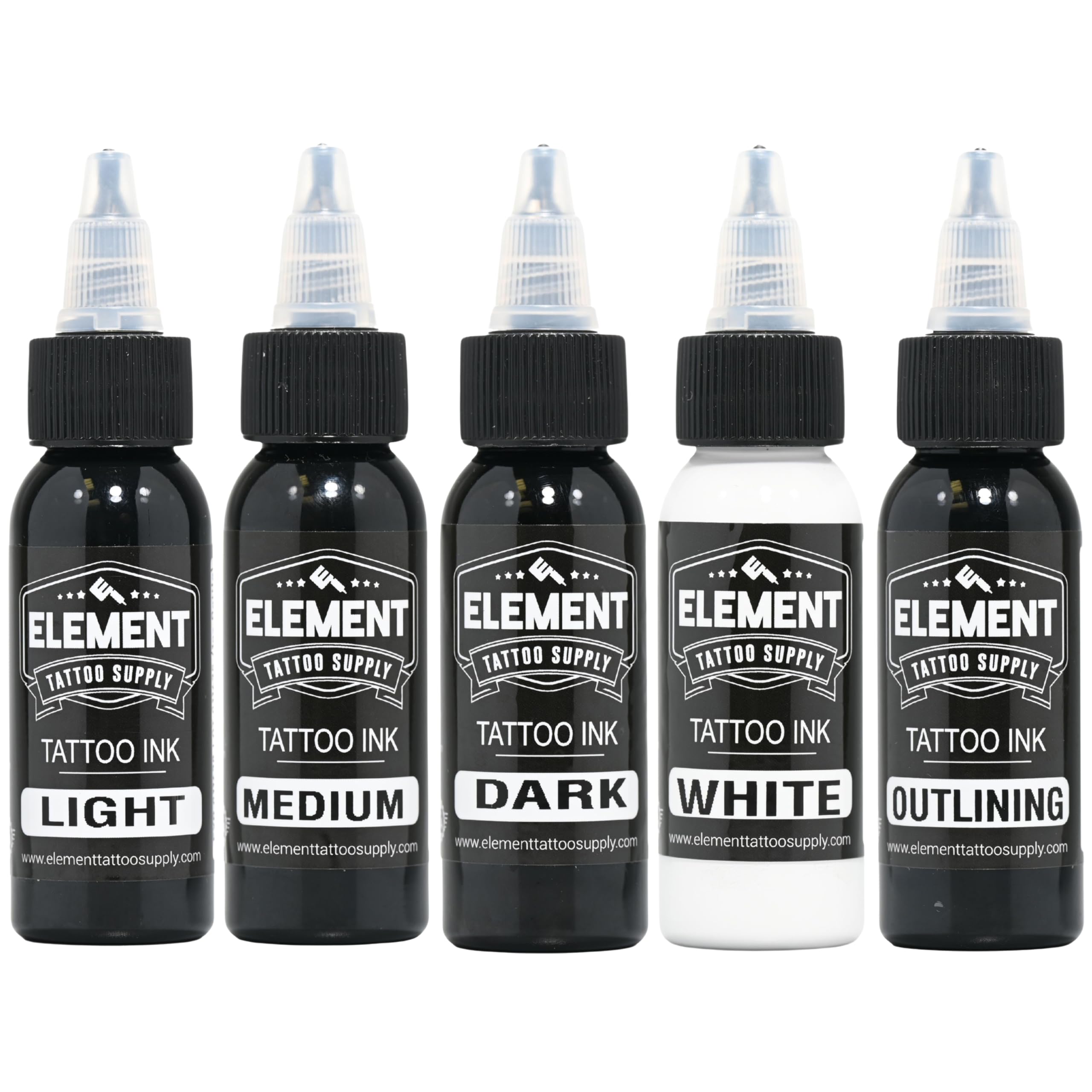 Element Tattoo Supply Greywash Tattoo Ink Set - Professional Tattooing, Light, Medium & Dark Shades, Includes Black & White Solid Inks for Outlining, Shading & Blending, 1 oz Bottle (5 Pack)