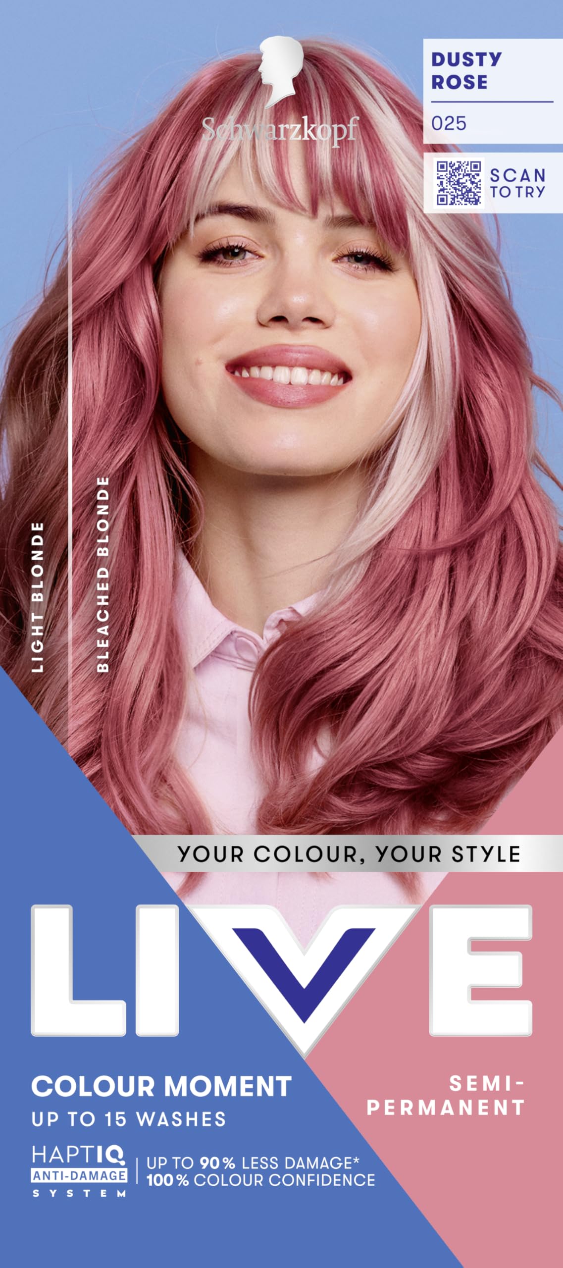 Schwarzkopf LIVE Colour Moment 025 Dusty Rose, with HaptiQ Anti-Damage System, Semi-Permanent Rose Hair Dye, Up to 15 Washes
