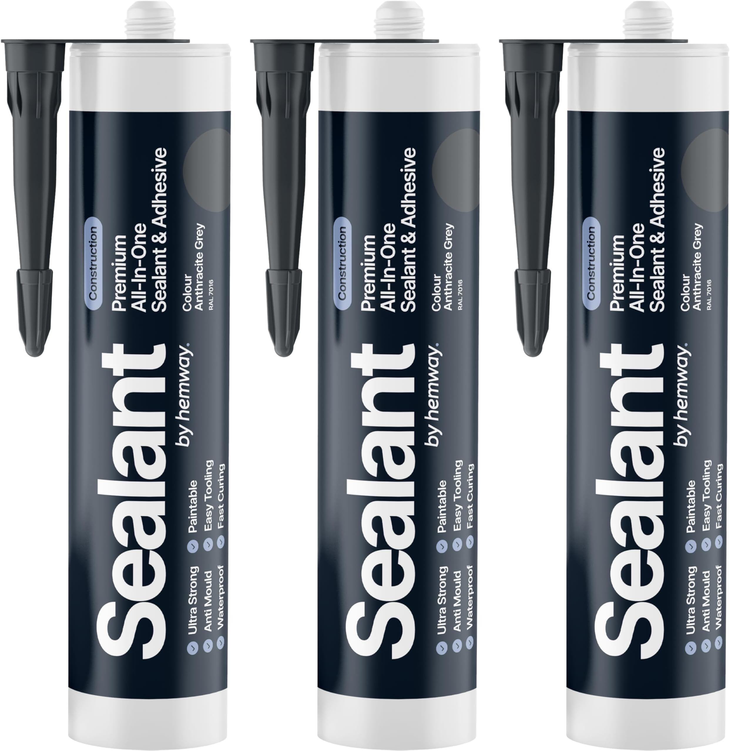 Anthracite Grey Construction Sealant & Adhesive All-In-One Hybrid Polymer | Superior to Silicone Sealant | Waterproof, Odourless, Anti-Mould, Paintable | Kitchen Bathroom Outdoor - 300 ml 3 Pack