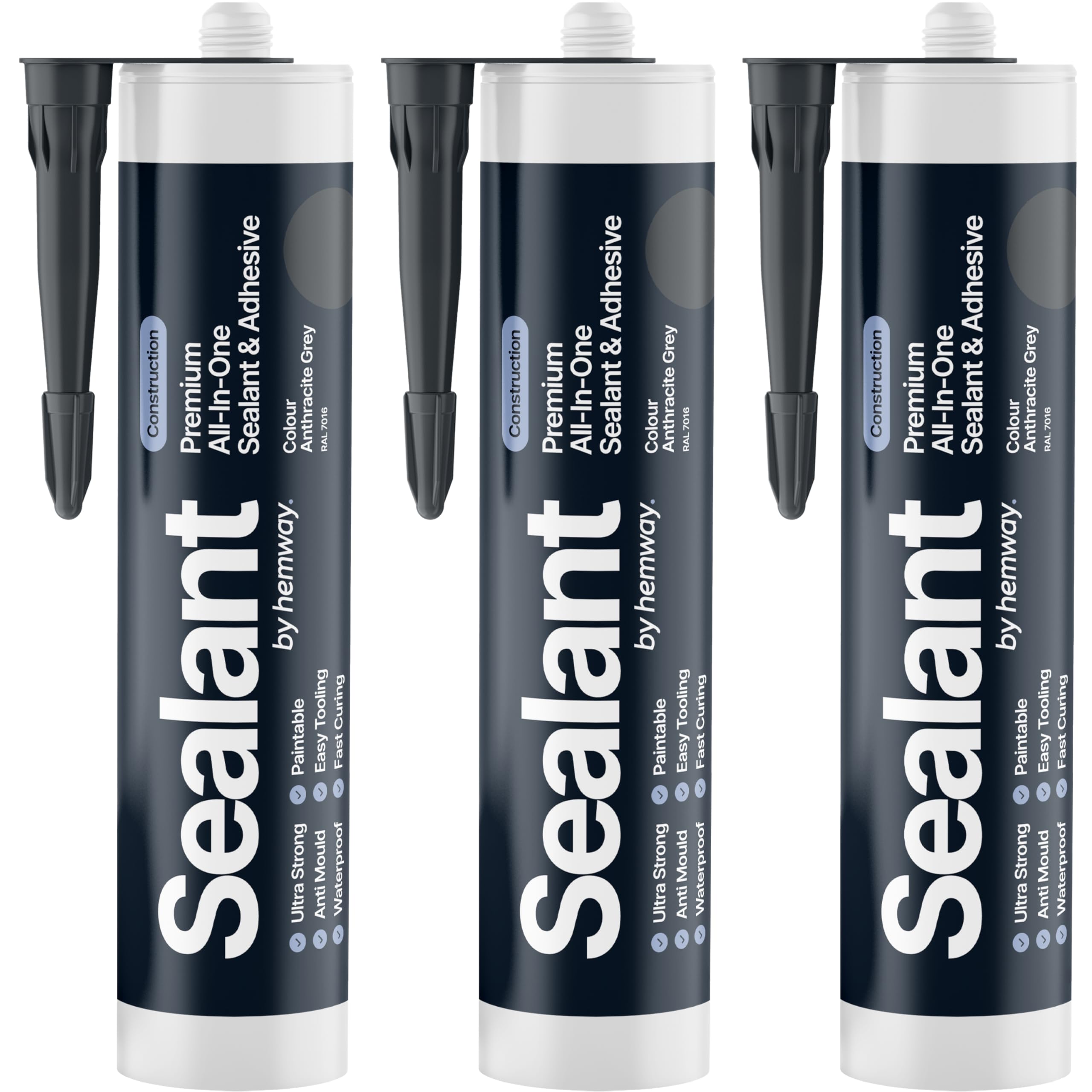 Anthracite Grey Construction Sealant & Adhesive All-In-One Hybrid Polymer | Superior to Silicone Sealant | Waterproof, Odourless, Anti-Mould, Paintable | Kitchen Bathroom Outdoor - 300 ml 3 Pack