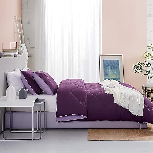 Miniatura 4 de Elegante combo de ropa de cama morada, edredón reversible color ciruela, tamaño individual extra grande, almohada estándar alternativa al plumón,