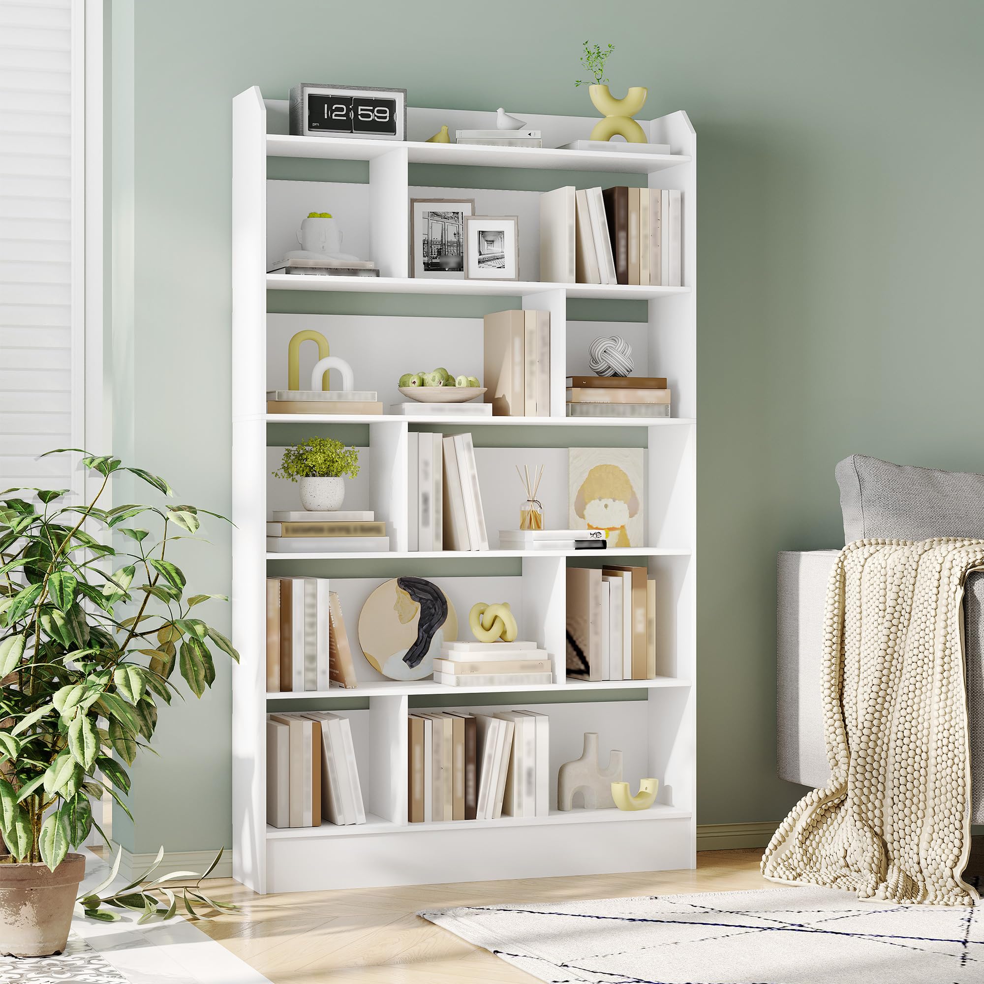 Hzuaneri Bücherregal, Bücherschrank, mit 6 Fächern, Aufbewahrungsregal, Standregal, für Wohnzimmer, Büro, Schlafzimmer, 24 x 100 x 170 cm, Weiß BC64403X