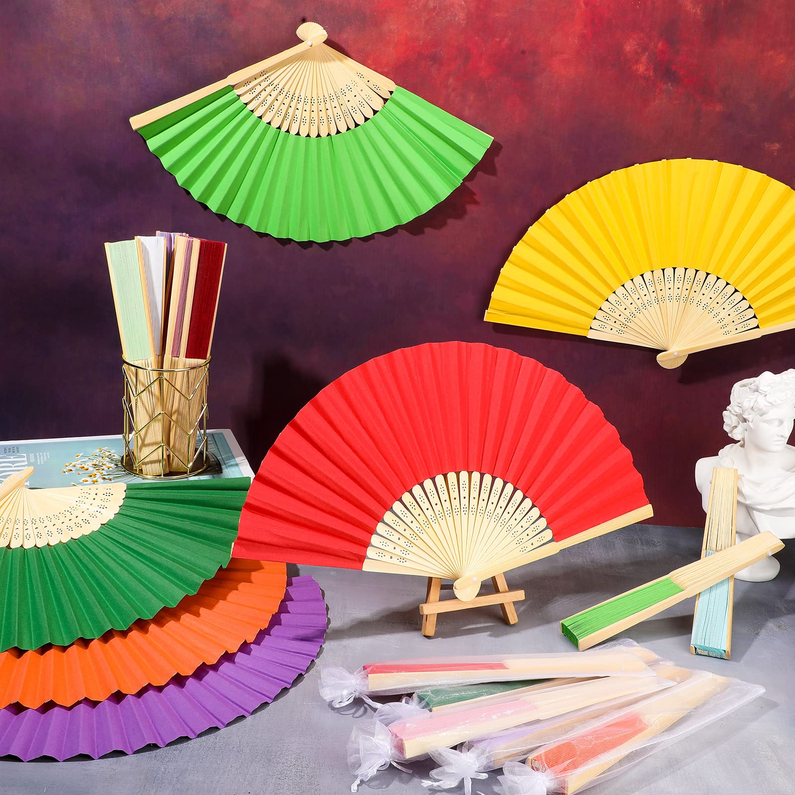 Chunful 100 Stück Papierfächer aus mehrfarbigem Bambus, faltbar, chinesisch, dekorativ, mit Organza-Beuteln für Hochzeit, Braut, Kirche, Tanzen, Zuhause, Basteln, Dekoration, Partygeschenke, Sommer
