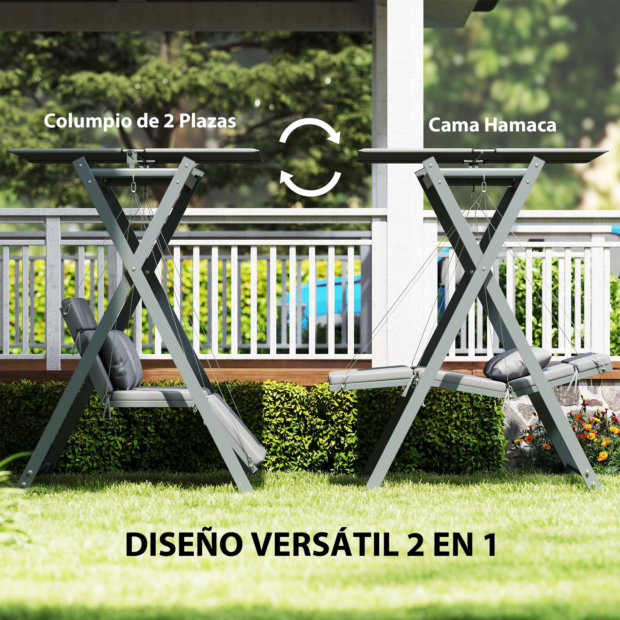 Outsunny Columpio de Jardín Exterior de 2 Plazas Balancín de Jardín Exterior con Protección UV30+ Toldo Ajustable y Cojines Convertible en Cama Carga 220 kg 142x130x168 cm Gris Oscuro