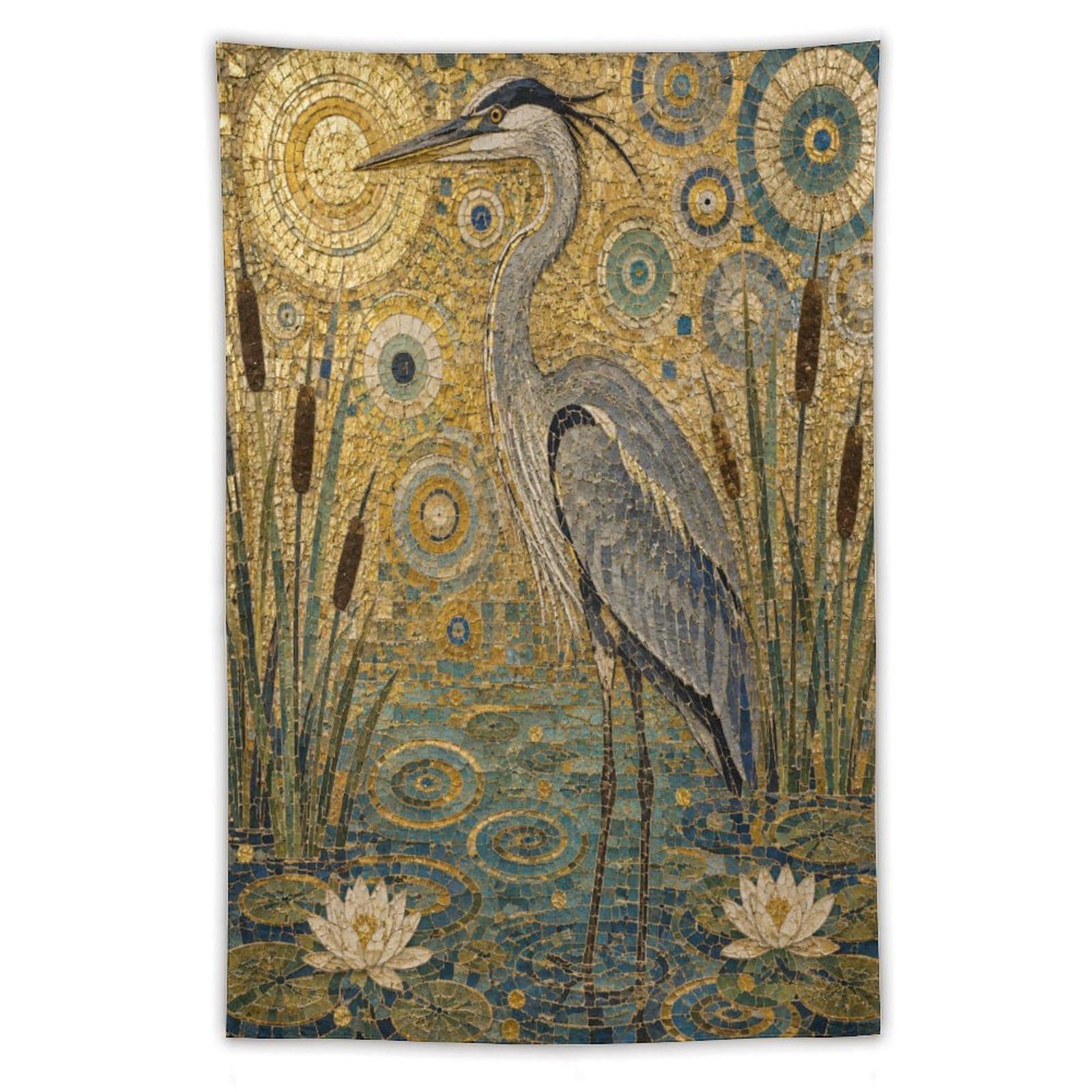 W7C8U2X3 Heron and Lotus Wall Tapestry, Mosaic Style, Wetland Bird