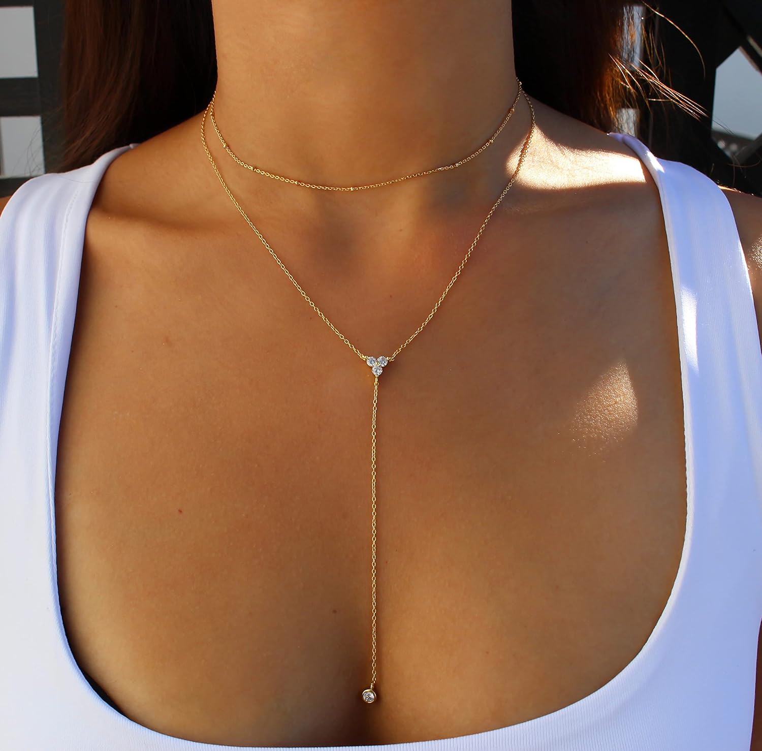 Foxgirl Lariat Gold Necklace for Women, Dainty Long Necklace 14k Gold Plated/Silver Y-Shaped Pendant Necklace Trendy Layered Cz Beaded Chain Drop Necklaces Simple Gold Jewelry For Women Gift - Image 2