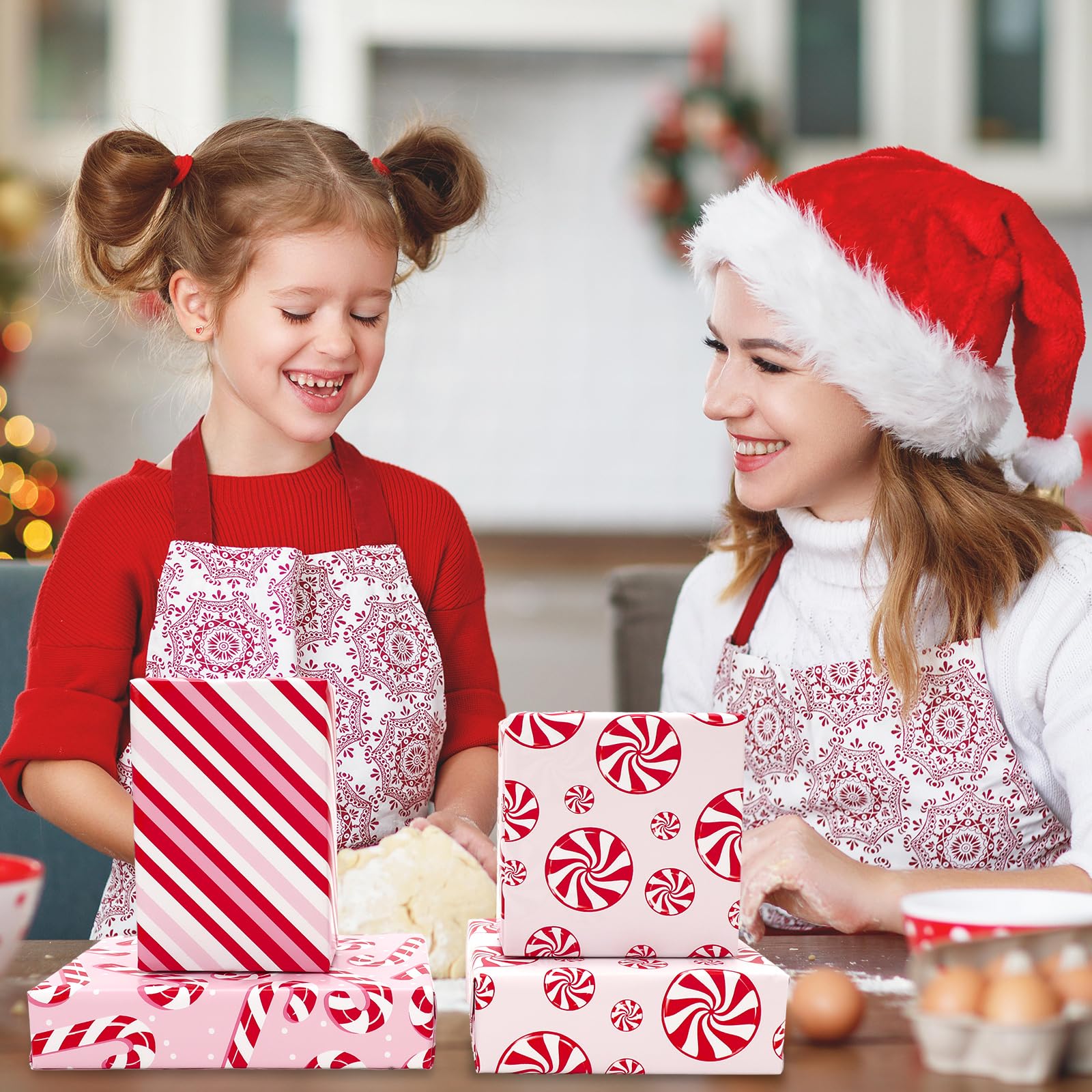 JarThenaAMCS Weihnachts-Geschenkpapier – Mini-Rolle – 43,2 cm x 5,2 m Zuckerstangen-Geschenkpapier, rot, rosa, dekoratives Kunstpapier für Weihnachten, Basteln, 3 Rollen