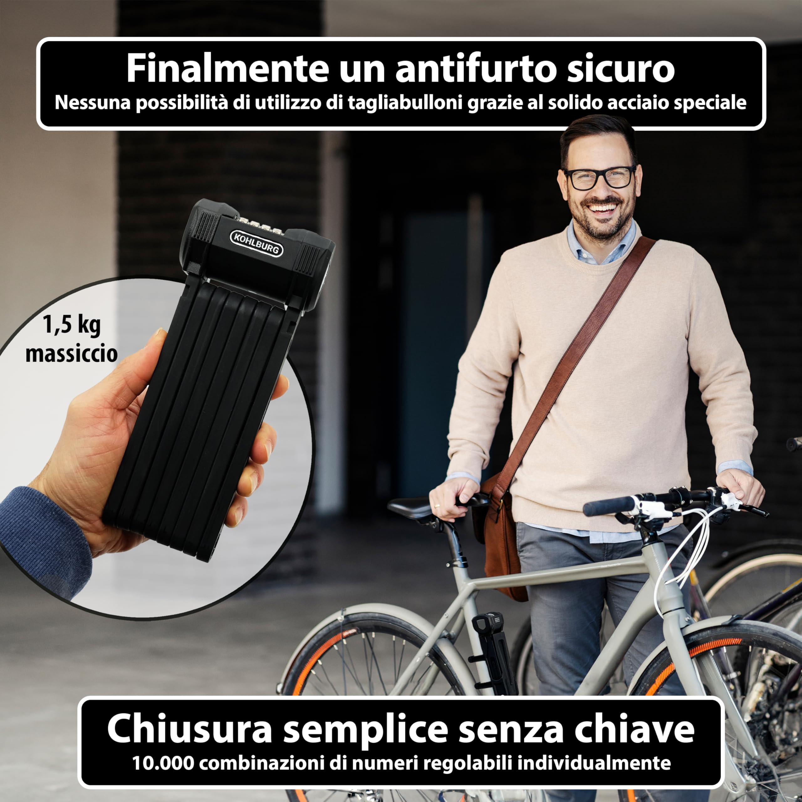 KOHLBURG Antifurto pieghevole per bicicletta con codice numerico | 110cm | Antifurto a combinazione resistente al tronchese con supporto | alta sicurezza | antifurti a cifre per e‑bike e bicicletta