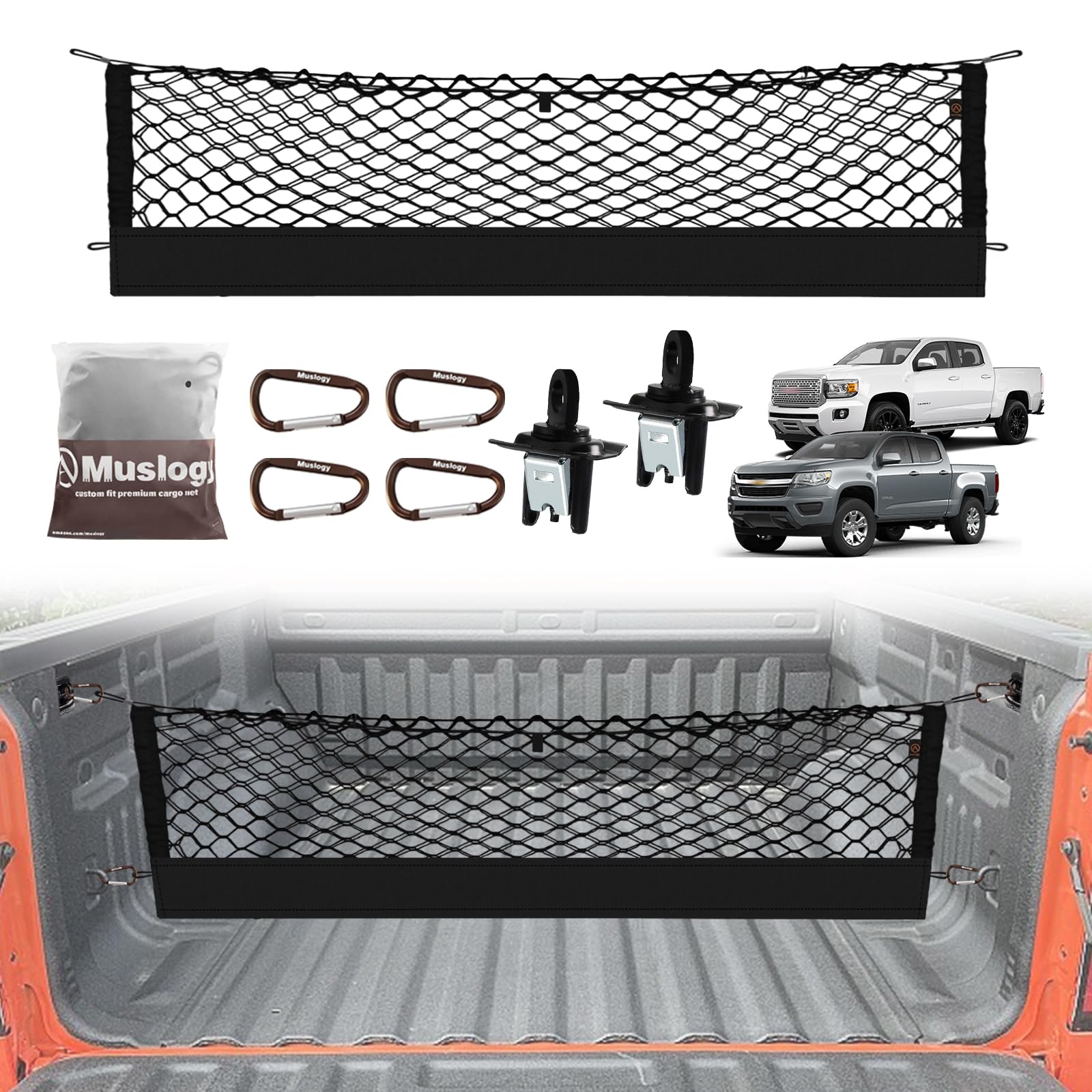 MuslogyTruck Bed Cargo Net Compatible with 2015-2022 Chevy Colorado & GMC Canyon Accessories Storage Organizer Pickup Truck Bed Envelope Style Net with Heavy Duty Carabiners & Tie Down Anchor Set