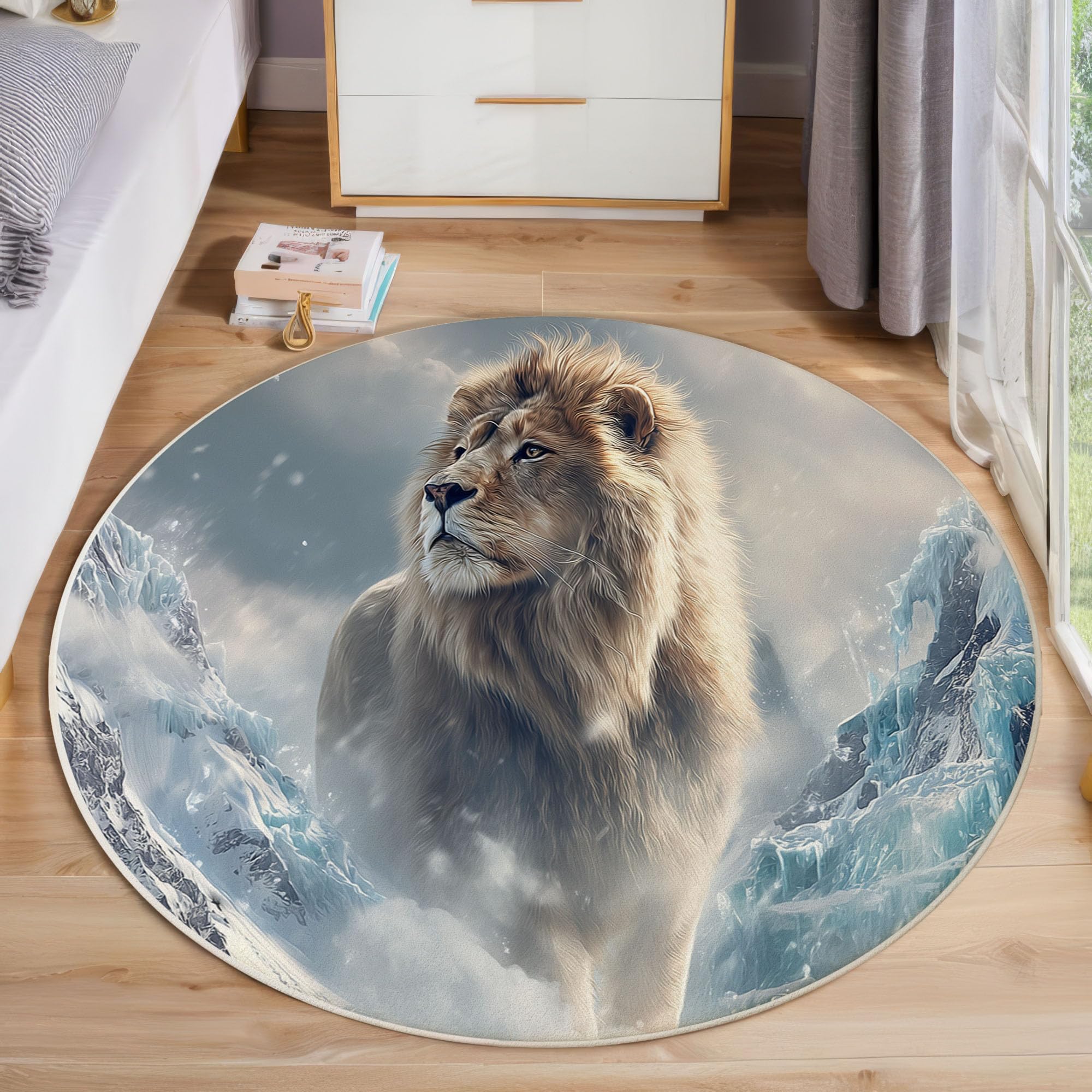Tapis rond lion sauvage lavable fini les glissades moquette douce
