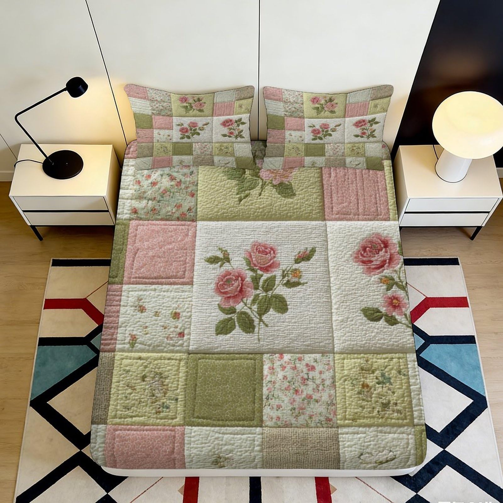 3D Printed floral patchwork Fitted Sheet, soft touch Microfiber, wrinkle resistant, guest room bedding, stylish decor, easy care, bed cover 160x200x25cm