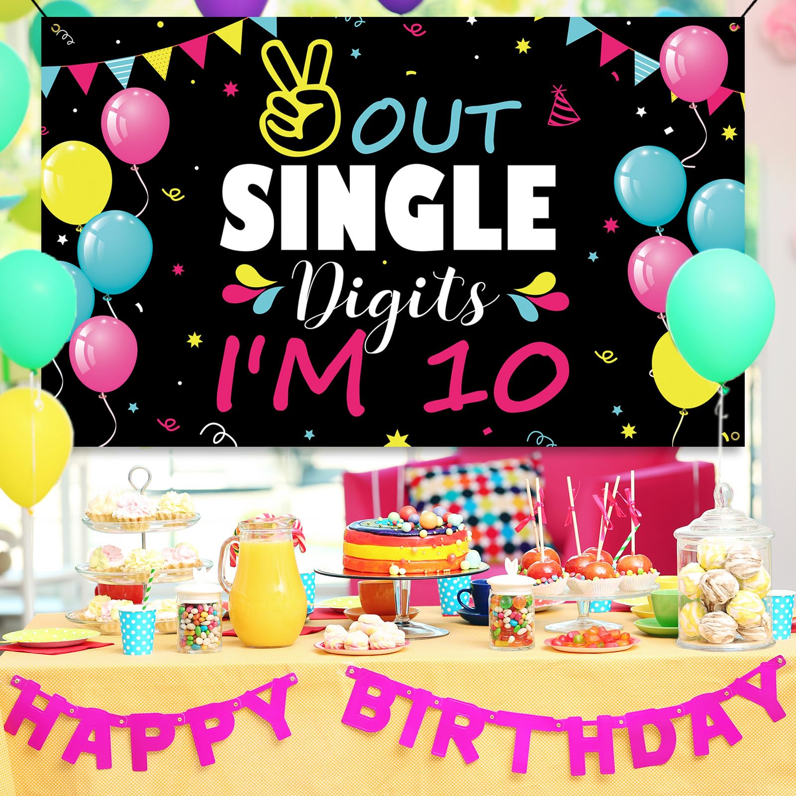 10. Geburtstag Banner – „Out Single Digs, I‘m 10“ – Bunt & Wiederverwendbar