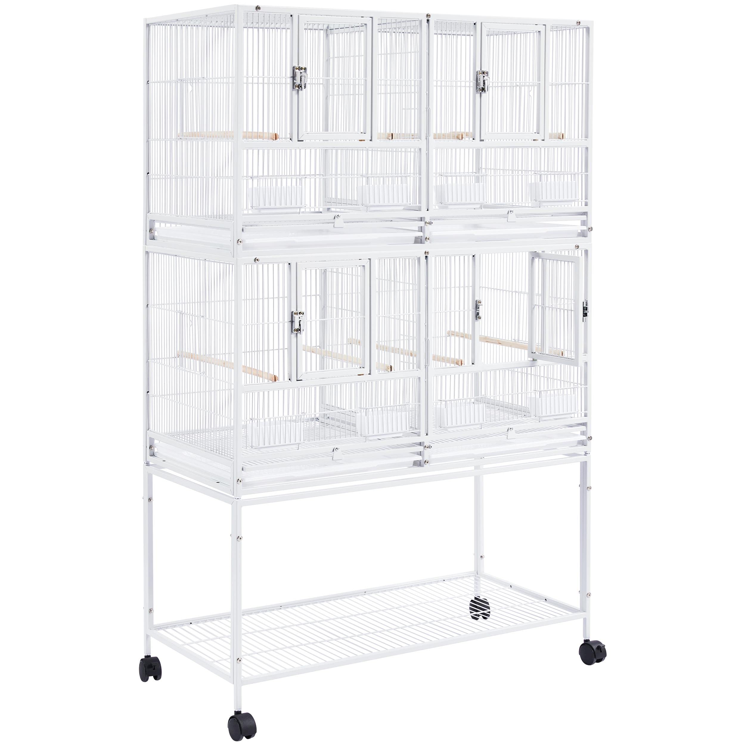 Yaheetech Jaula de Cría para Pájaros de 2 Pisos con 2 Espacios Divididos Jaula para Canarios Periquito con Comederos Perchas 4 Puertas 95,50 x 45,50 x 157,5 cm Blanco