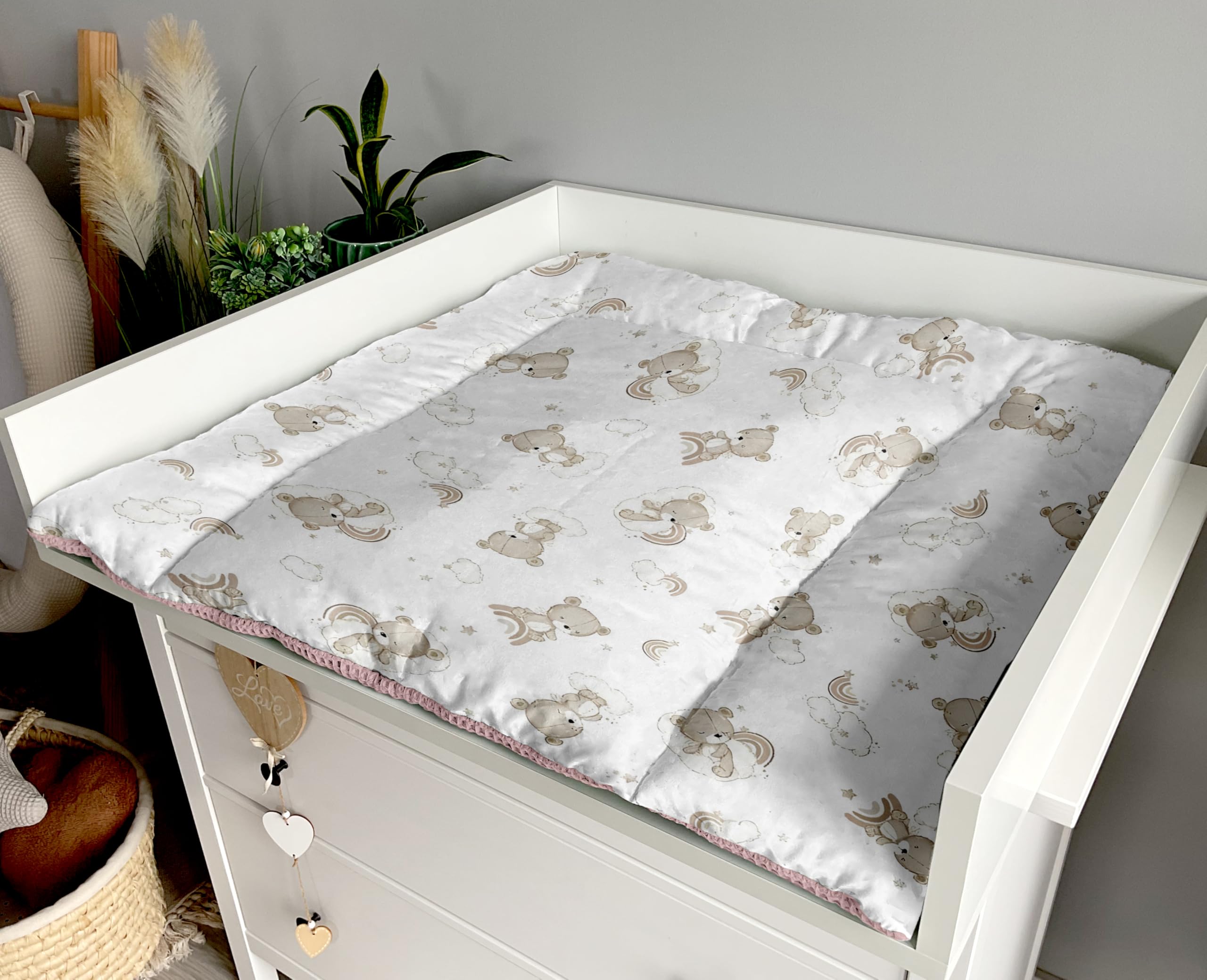 Wickelauflage Set 6-teilig – Wickelunterlage aus Baumwolle & Waffelstoff – Baby Wickelauflage – Geschenk zur Babyparty – Wickeltischauflage – 85x75 cm (Breite x Tiefe), Teddy und rosa