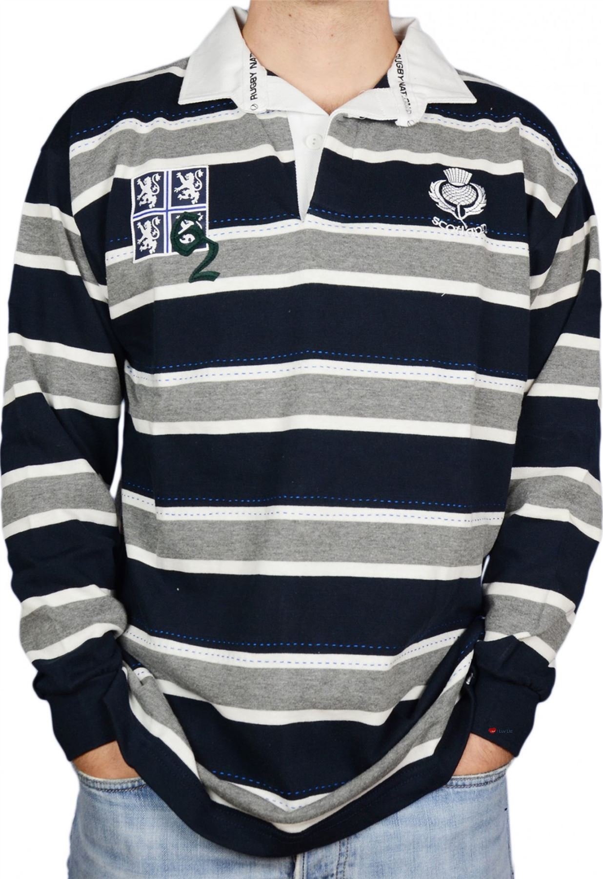 I LUV LTD Scottish Rugby Shirt Mens Edinburgh 62 High Design Grey and Navy 2X-Large