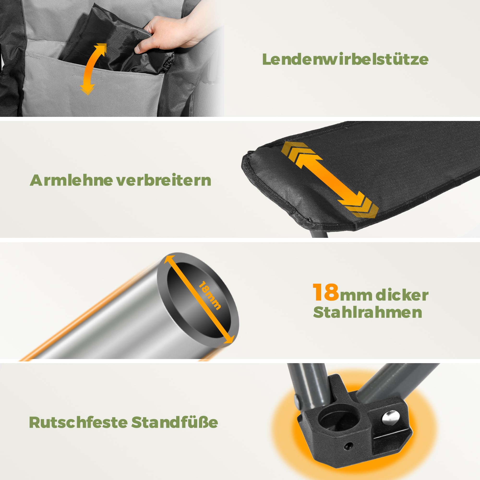 Homecall Campingstuhl Faltbar 150kg Belastbar Campingstuhl Hochlehner 108cm mit Lendenwirbelstütze, Gepolstert Klappstuhl Camping Stuhl Angelstuhl Faltbar für Garten Picknick (Grau - 1 Stück)