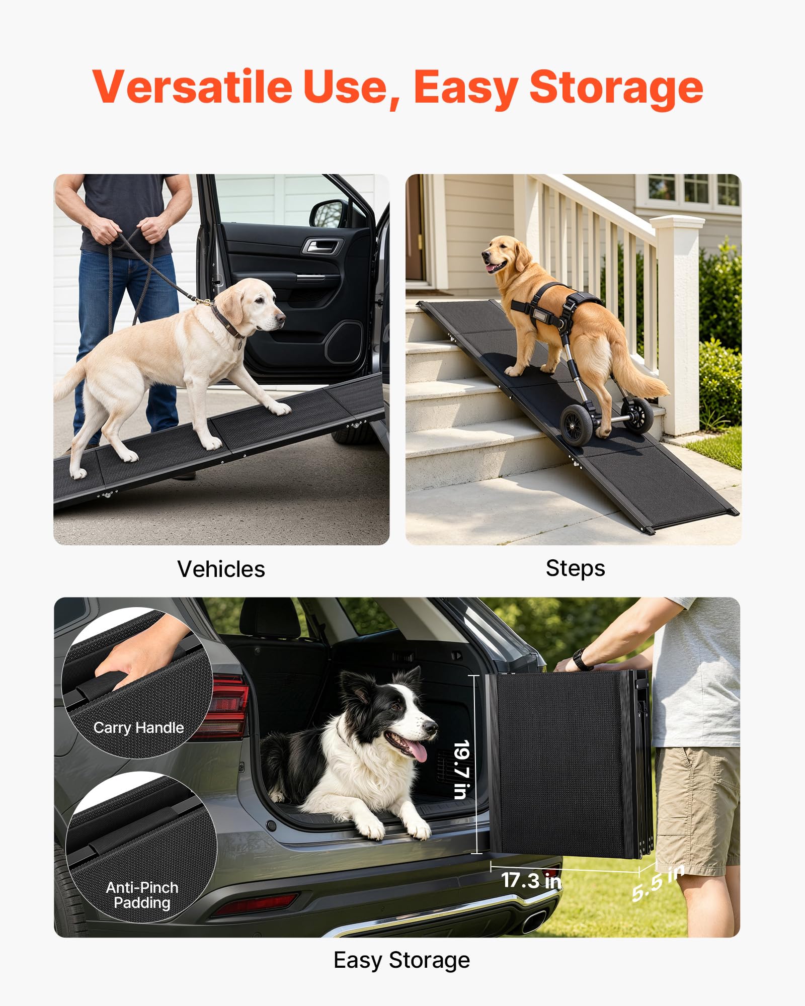 VEVOR Rampa para Perros para Coche, 180 x 43,2 cm, Plegable, para Perros Medianos y Grandes de hasta 113 kg, con Superficie de Tela Oxford Antideslizante, Portátil, para Exteriores, SUV y Camión