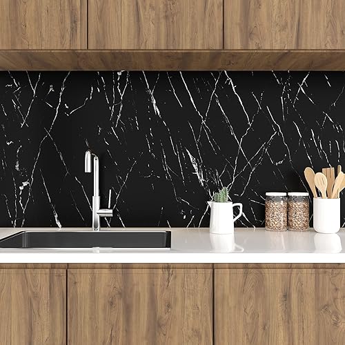 Miniatura 6 de VEELIKE Papel tapiz de mármol negro mate para encimeras de cocina de 15.7 x 118 pulgadas, papel de contacto de mármol impermeable, autoadhesivo,