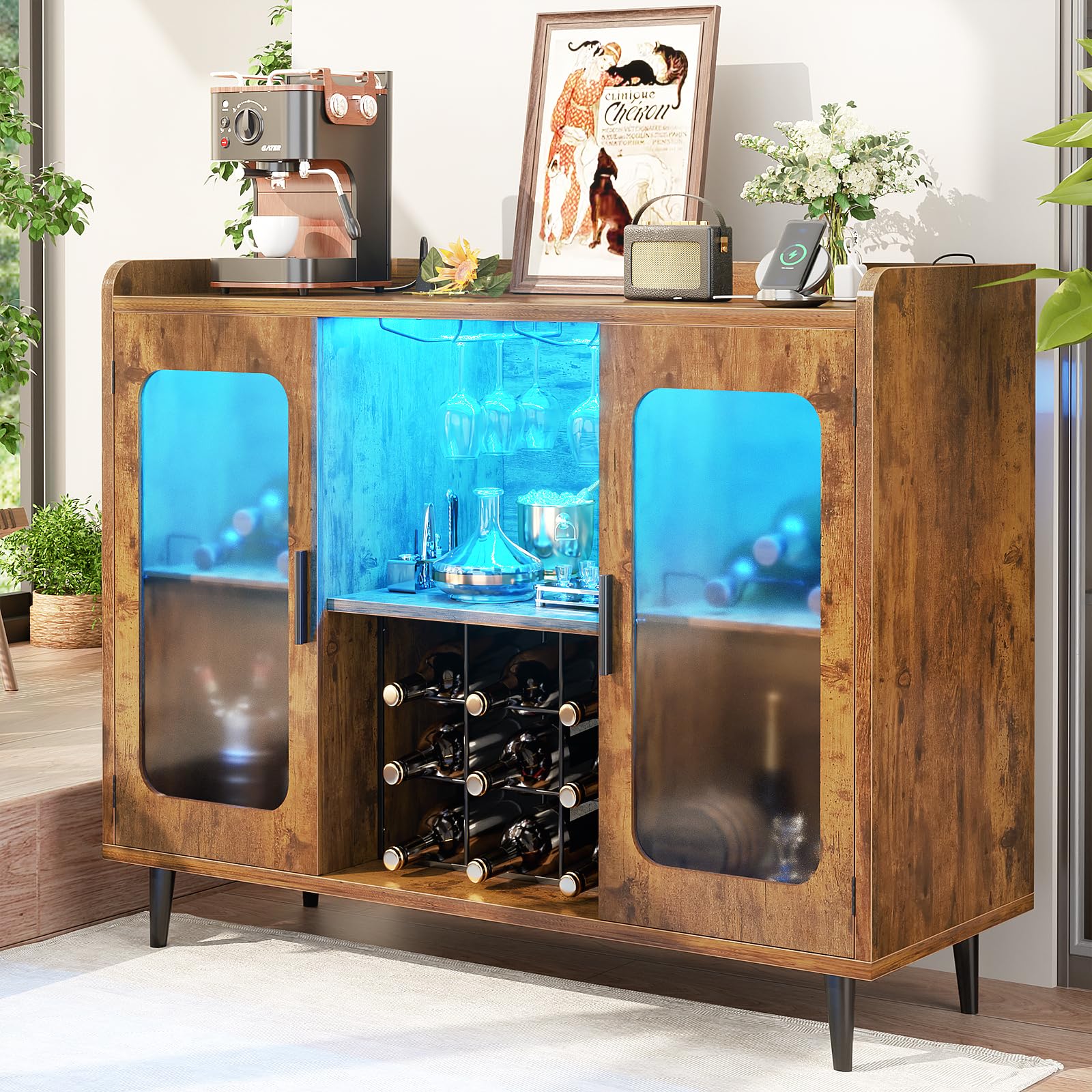 iSunirm Wine Bar Cabinet with Power Outlet, Liquor Cabinet Bar with LED Light and Glass Holder, Home Coffee Bar Cabinet, Buffet Sideboard with Storage Shelf for Kitchen, Dining Room, Rustic Brown