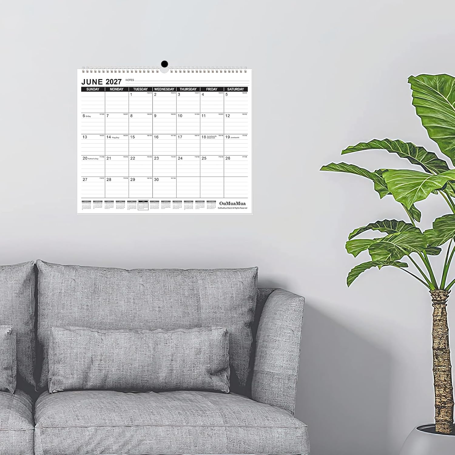 OuMuaMua Wall Calendar 2026, Calendar Wall 2026-2027, Jun. 2026 to Dec. 2027, 14" X 11.5" 19-Month Paper Hanging Planner Wall with Thick Paper, Ruled Blocks for Office Home Planning & Organizing