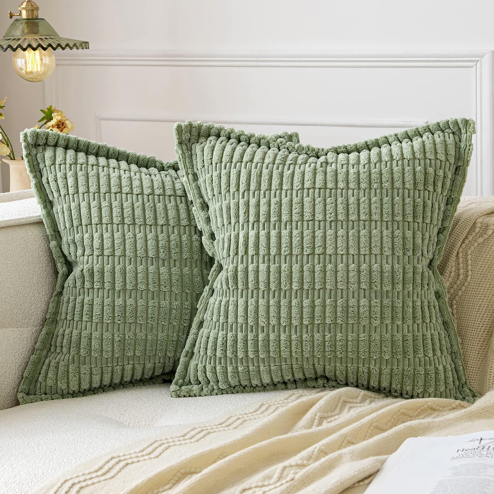 MIULEE Corduroy Cushion Covers Decorative Soft Throw Pillow Cover Square Pillowcase for Sofa Livingroom Bedroom Chair with Invisible Zipper 16x16 Inch 40x40 cm Pack of 2 Grass Green