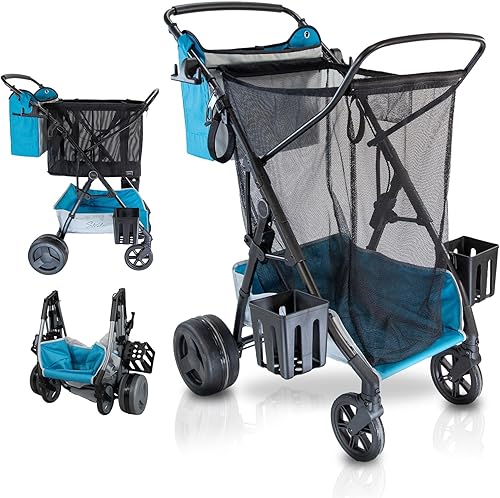 Strolee Carrito de playa plegable grande con ruedas para arena suave, compras, campamento y jardín, marco de aluminio ligero, bolsa de
