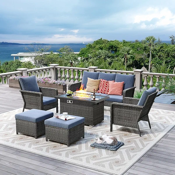 Brafab Outdoor Patio Furniture Set with 44" Gas Fire Pit Table - PE Wicker Patio Conversation Sets Cushioned Seat Couch - 7 Seats Outdoor Sectional Chair Sofa Set for Yard Garden Porch, Blue