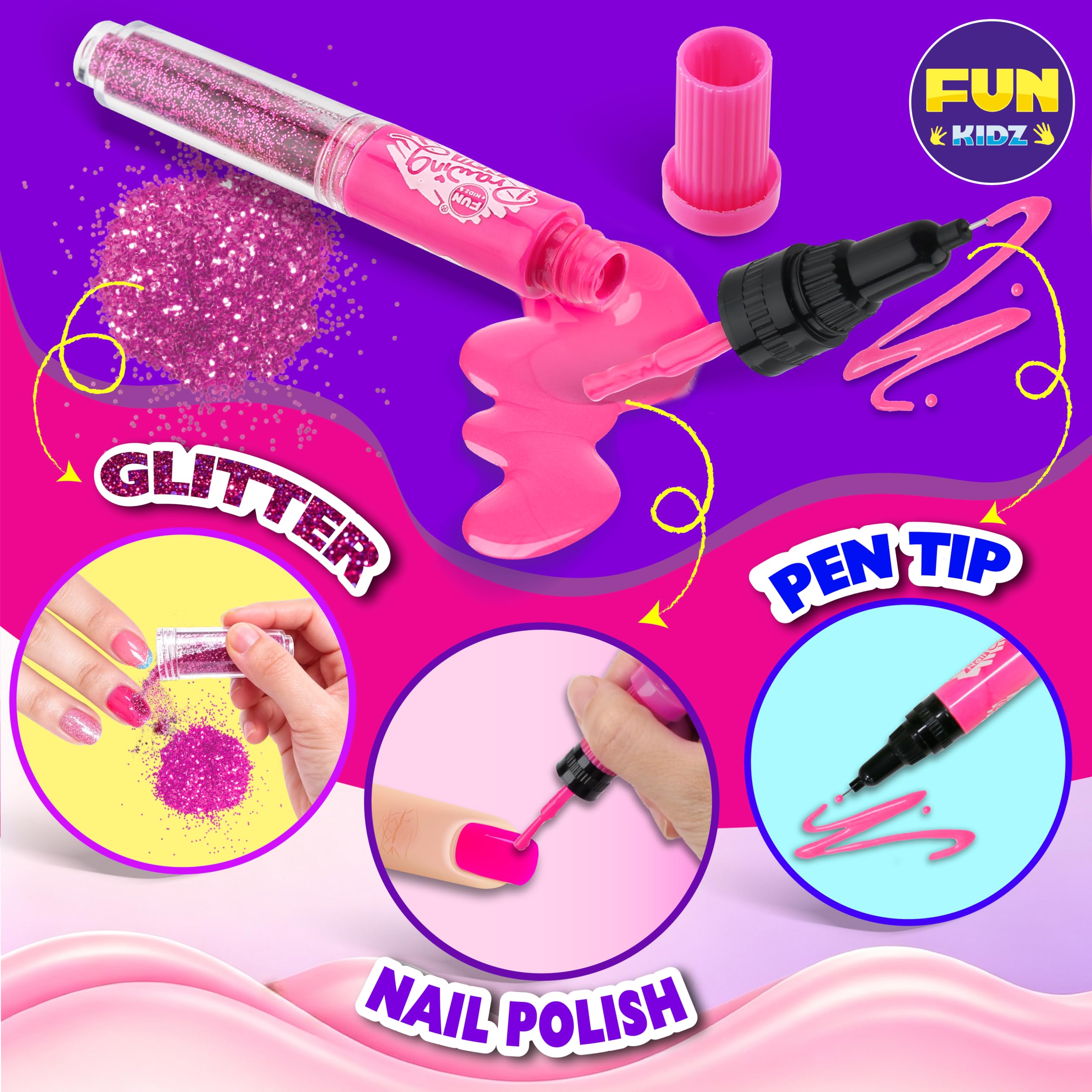 FunKidz - Juego de esmaltes de uñas para niños con 3 en 1 para esmaltes de uñas con purpurina y accesorios de decoración pegajosa