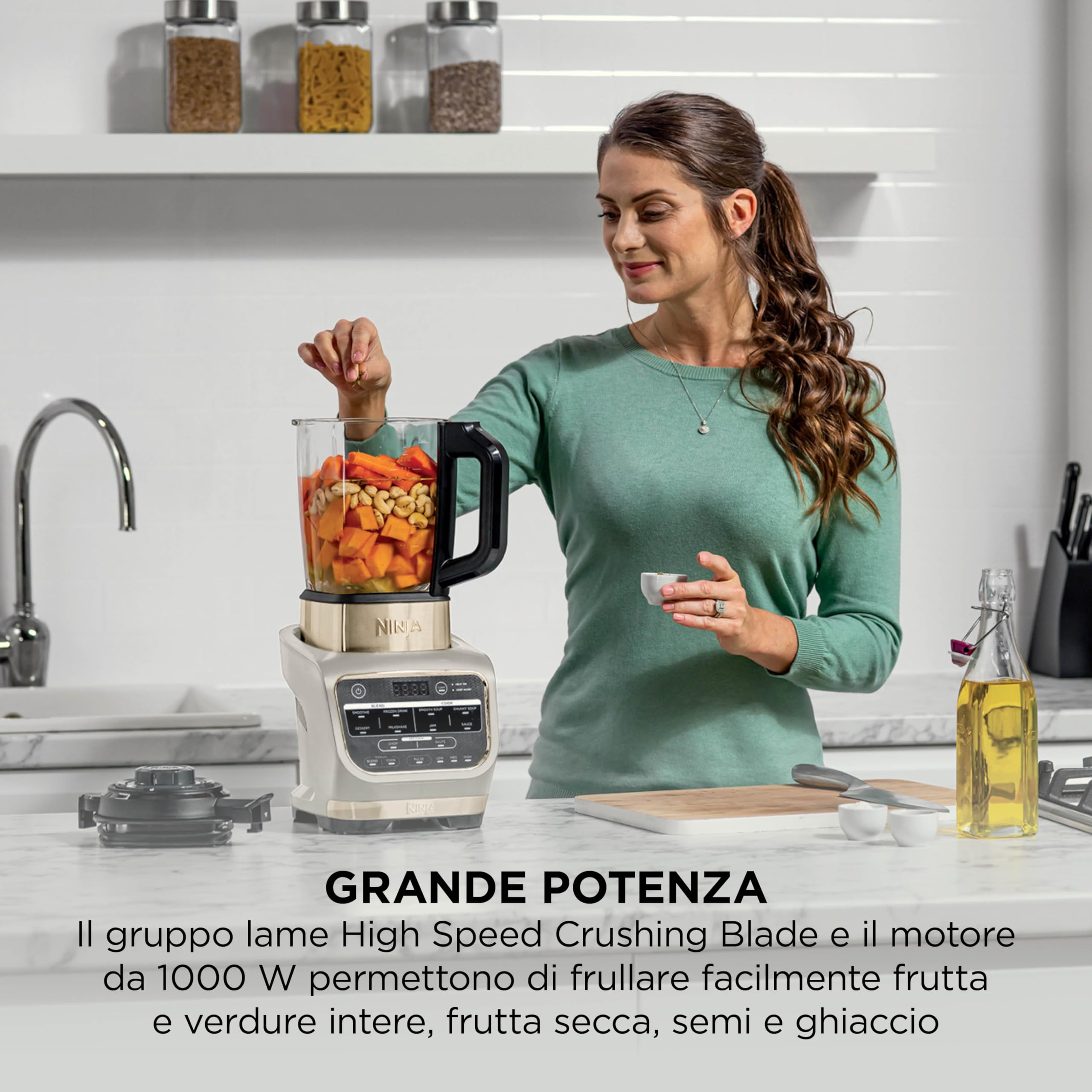 Ninja Foodi Frullatore Soup Maker, 1000W, caraffa in vetro 1,7L, 10 programmi, per cibo caldo e freddo, elemento riscaldante incorporato, programma di pulizia e spazzola, pietra oro, HB150EUSTGD