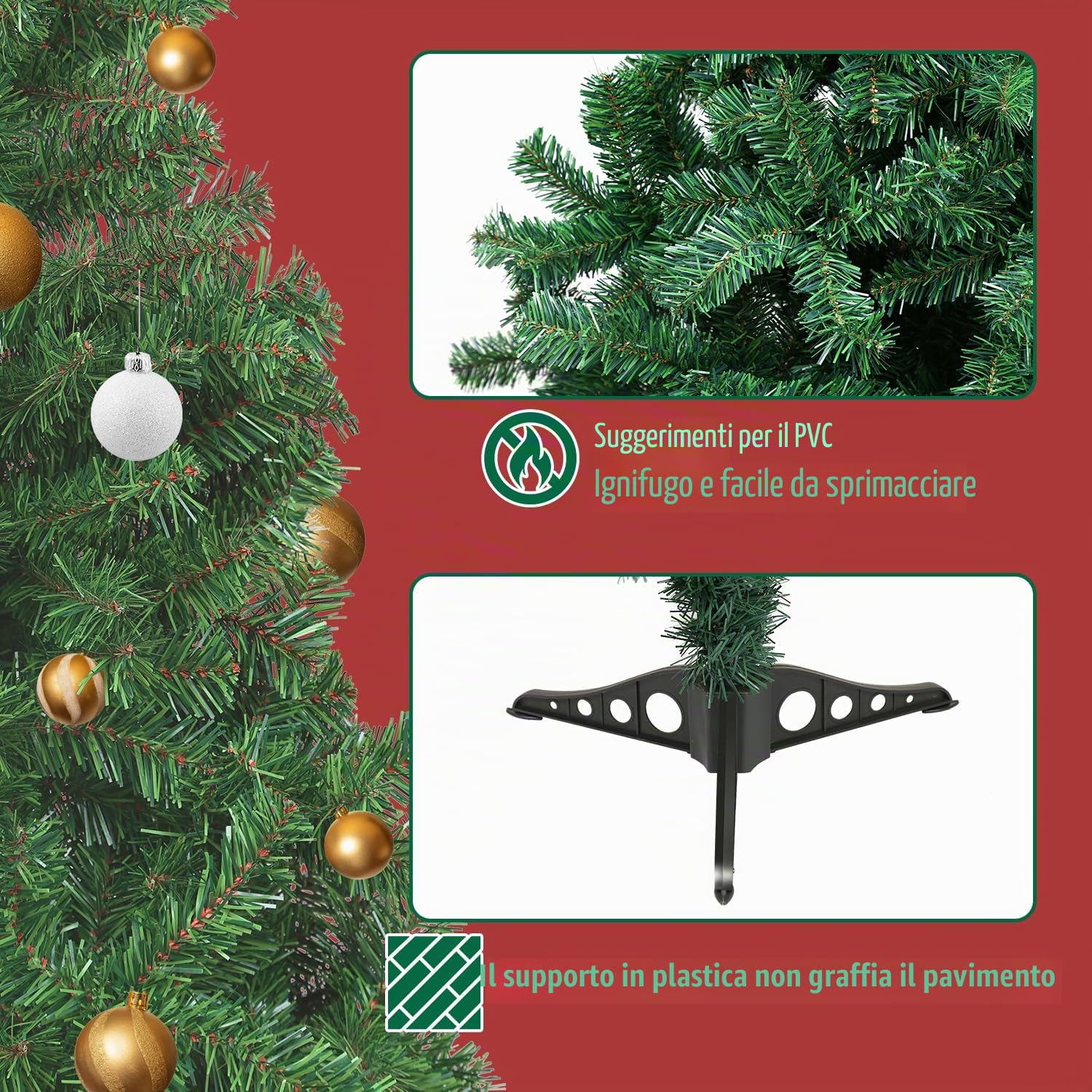 Albero di Natale artificiale, 180 cm, in plastica, con 650 punte, pieghevole, resistente al fuoco, in metallo, con robusto supporto per albero di Natale, colore verde