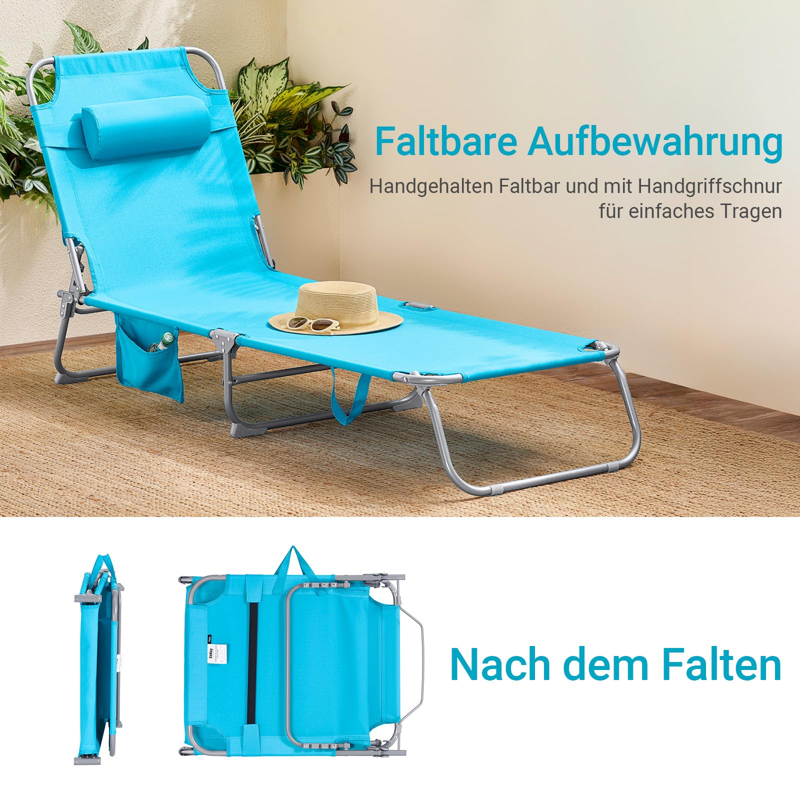 SoBuy OGS35-Bx2 Leżak Plażowy Leżak Plażowy Ogrodowy Składane z Poduszką i Boczną Torbą 2 szt. szer. x wys. x gł.: ok. 195 x 29 x 62 cm
