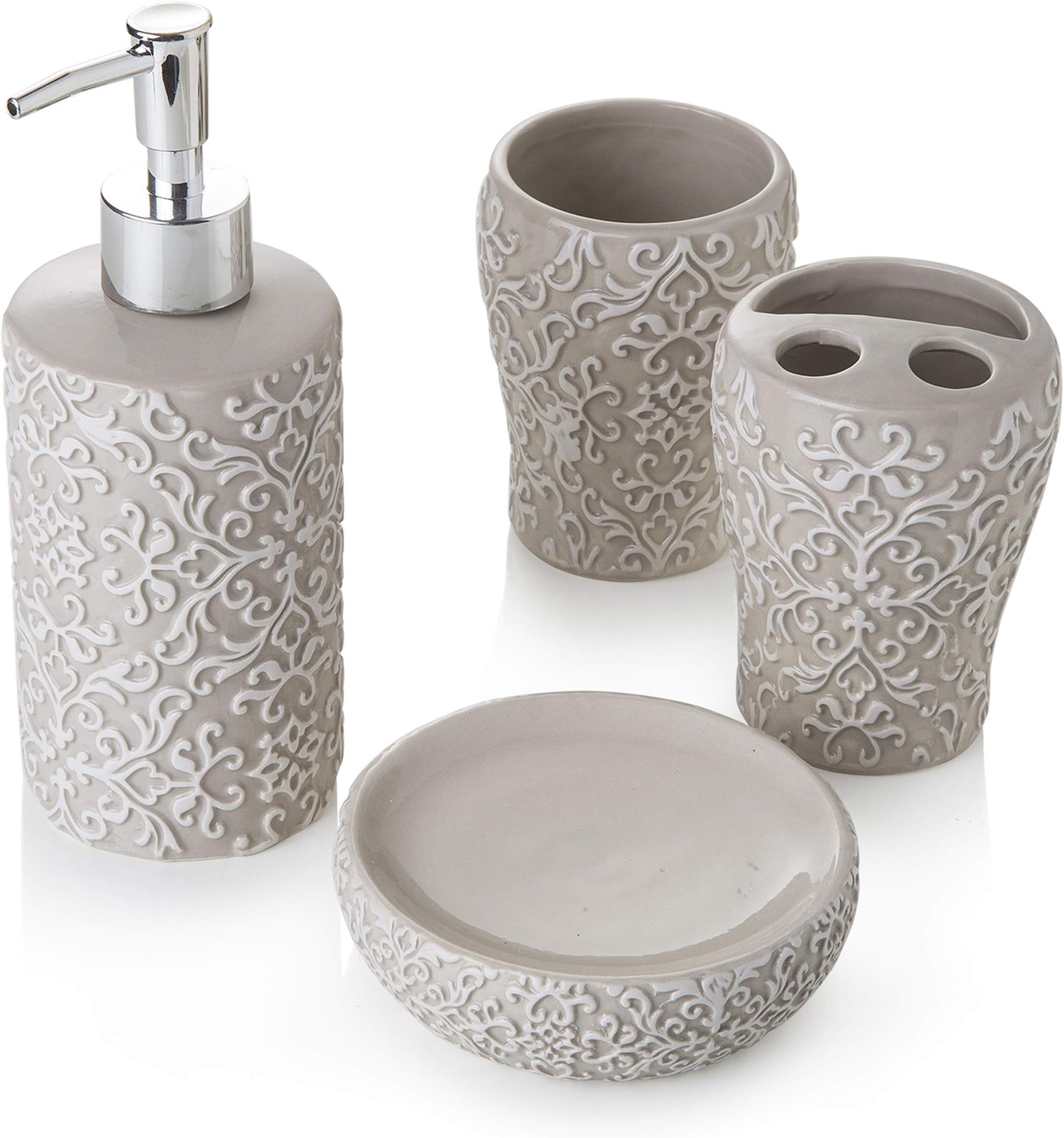 Autumnlife Lot De 4 Accessoires De Salle De Bain En Céramique Avec Distributeur De Savon, Porte-savon, Porte-brosse à Dents, élégant Mat Avec Détails En Relief, Blanc